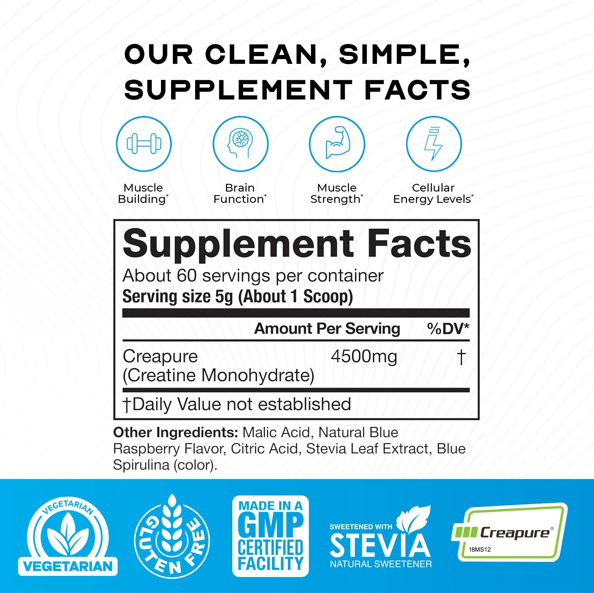 Muscle Feast Creapure Creatine Monohydrate Powder – Vegan, Gluten-Free, Keto Friendly – Natural Blue Raspberry, 300g - Image 3