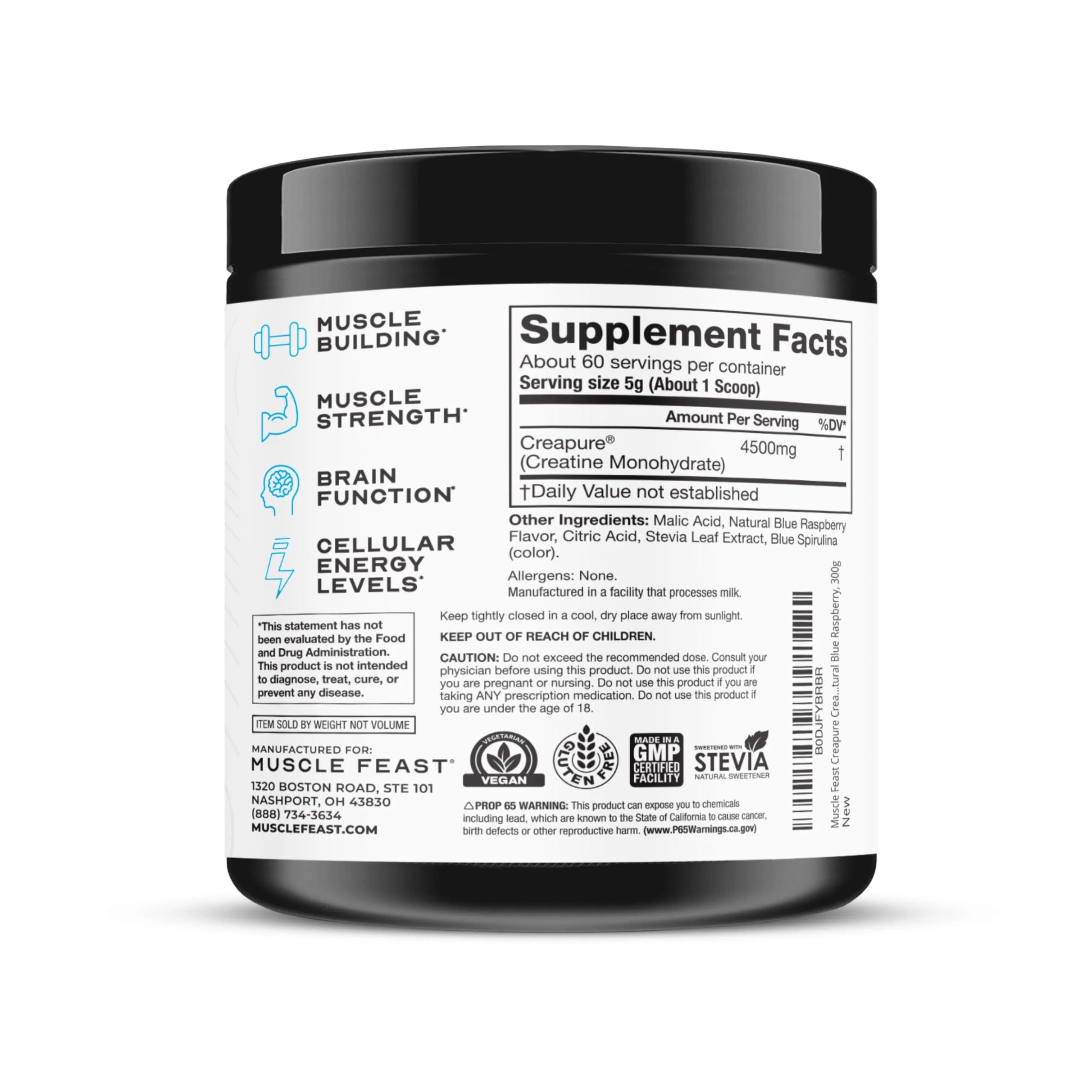 Muscle Feast Creapure Creatine Monohydrate Powder – Vegan, Gluten-Free, Keto Friendly – Natural Blue Raspberry, 300g - Image 9