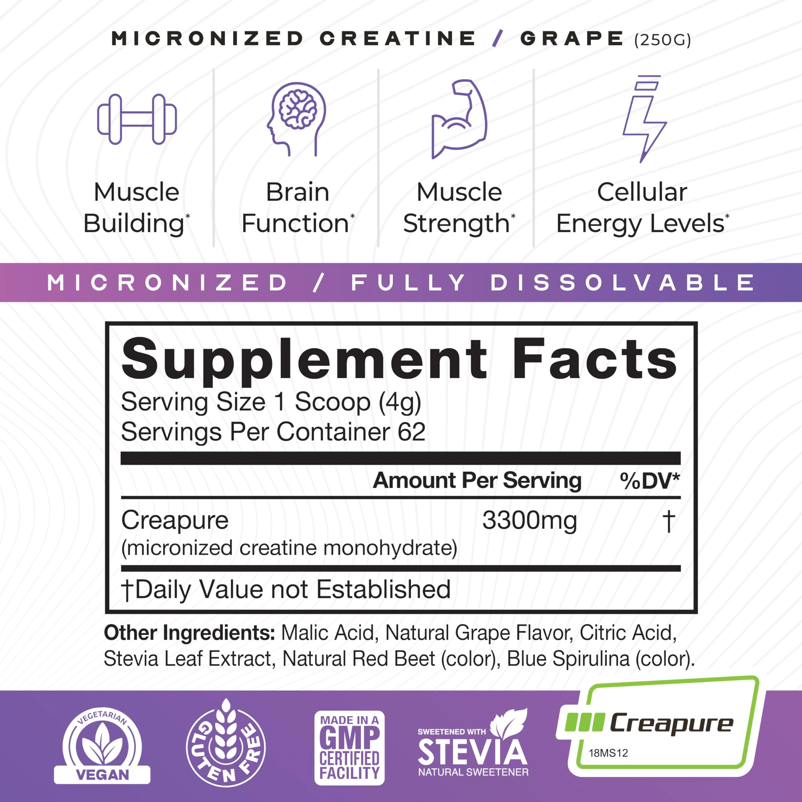 Muscle Feast Creapure Micronized Creatine Monohydrate Powder – Grape, 250g | Easy Mix, Gluten-Free - Image 13