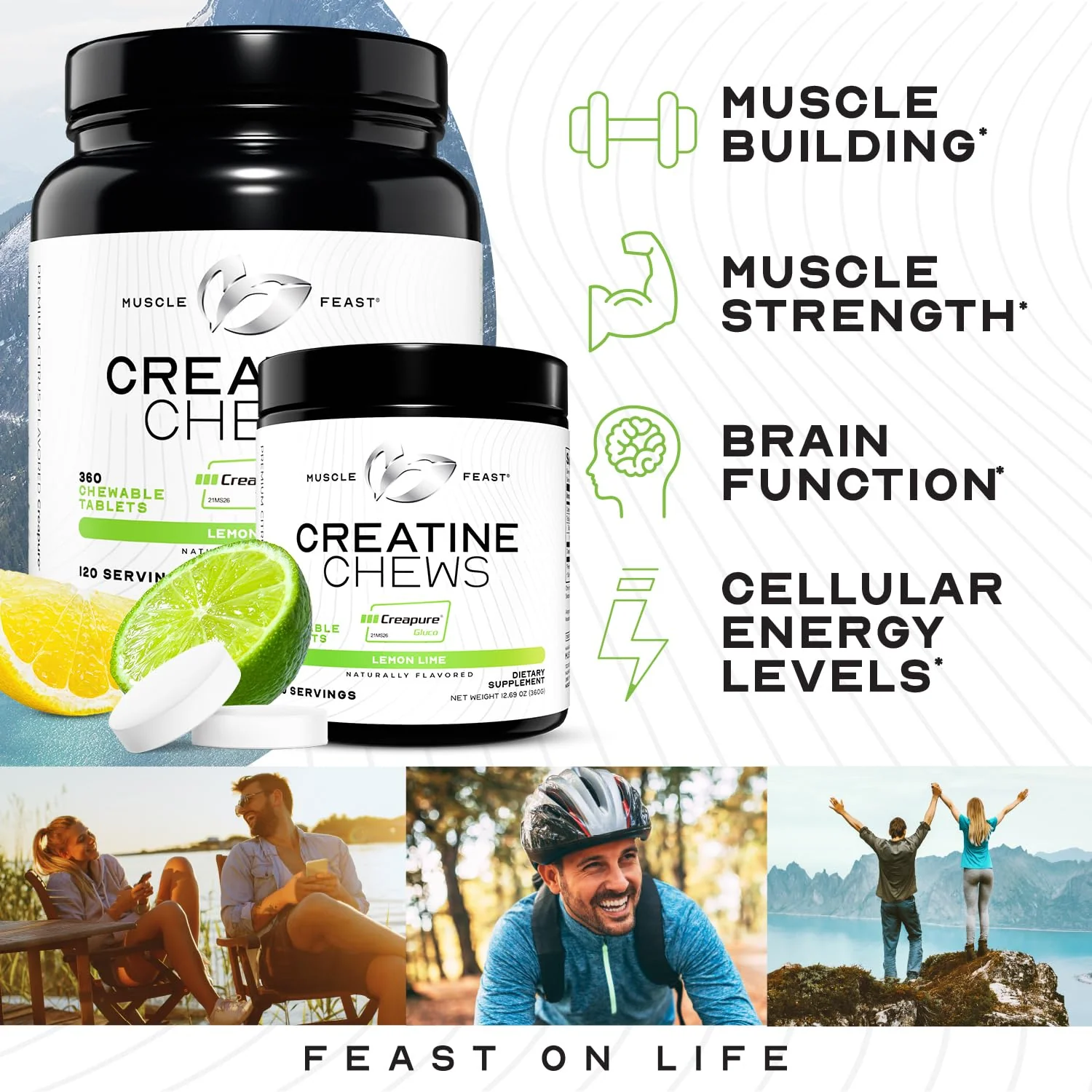 Muscle Feast Creatine Monohydrate Chewables – Vegan, Gluten-Free Creapure Tablets, Lemon Lime Flavor, 360 Tabs - Image 11