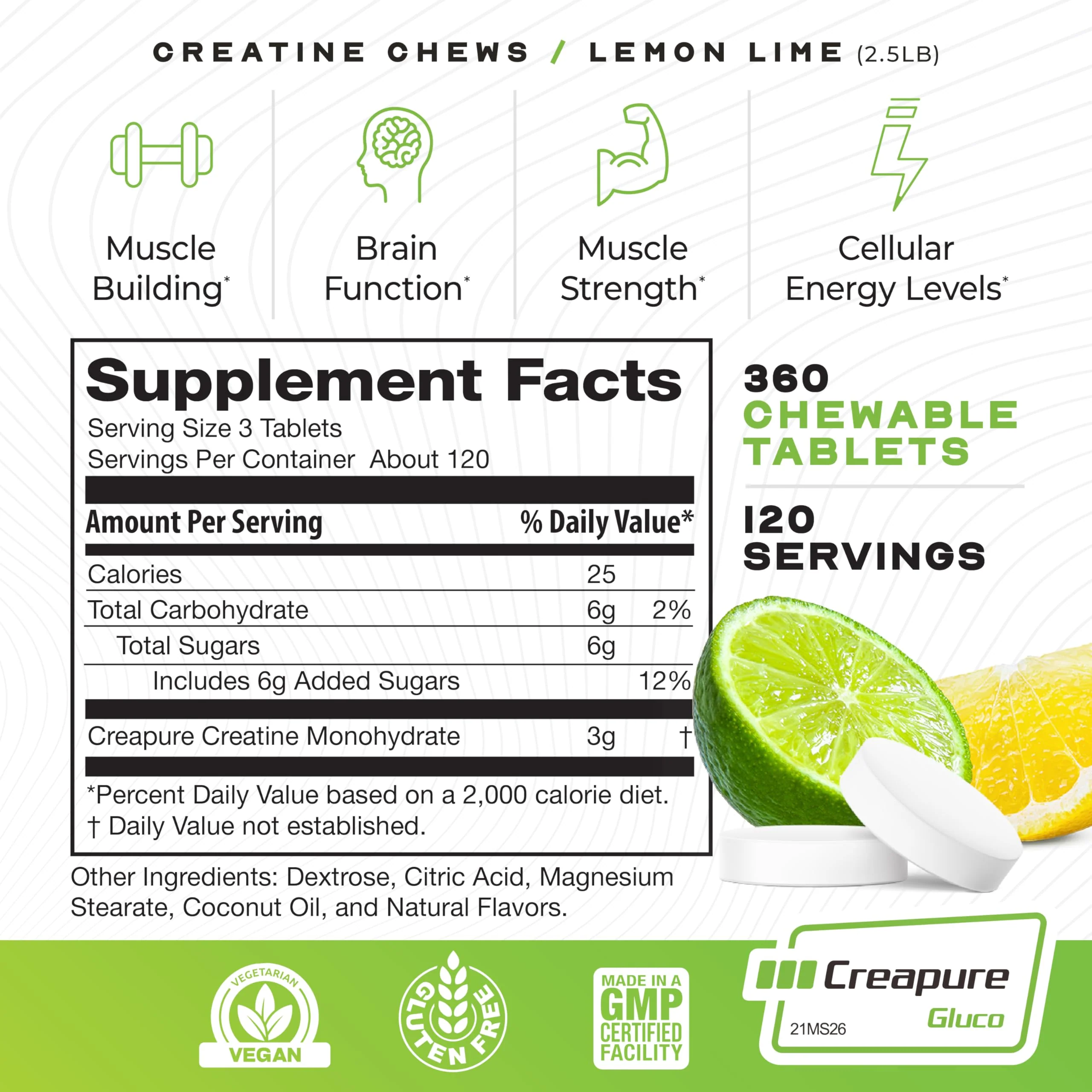 Muscle Feast Creatine Monohydrate Chewables – Vegan, Gluten-Free Creapure Tablets, Lemon Lime Flavor, 360 Tabs - Image 5
