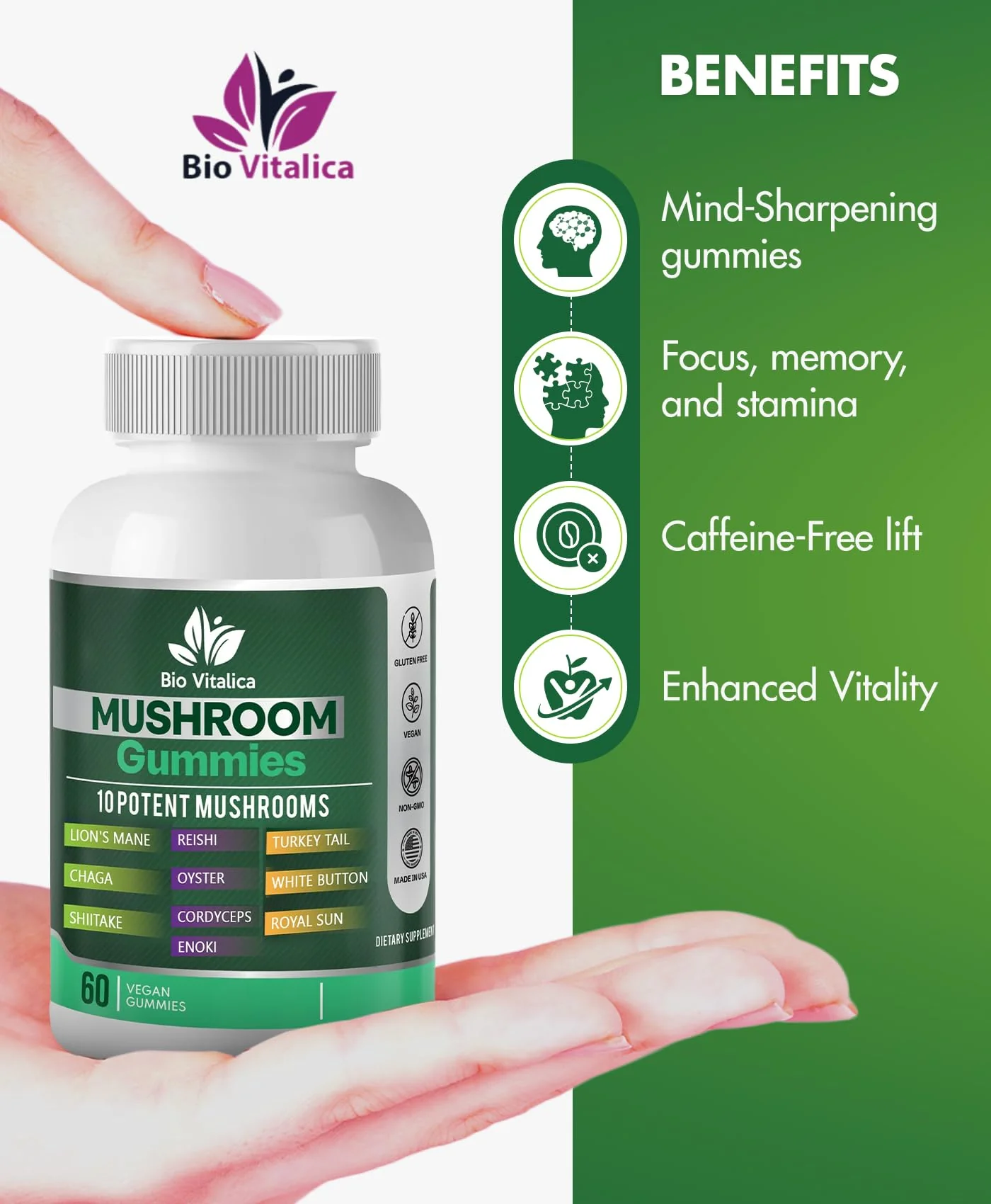 Mushroom Gummies – 10-Mushroom Complex (Lion’s Mane, Reishi, Chaga) – Fruity Vegan, Non-GMO, Gluten-Free – 3 Packs - Image 3