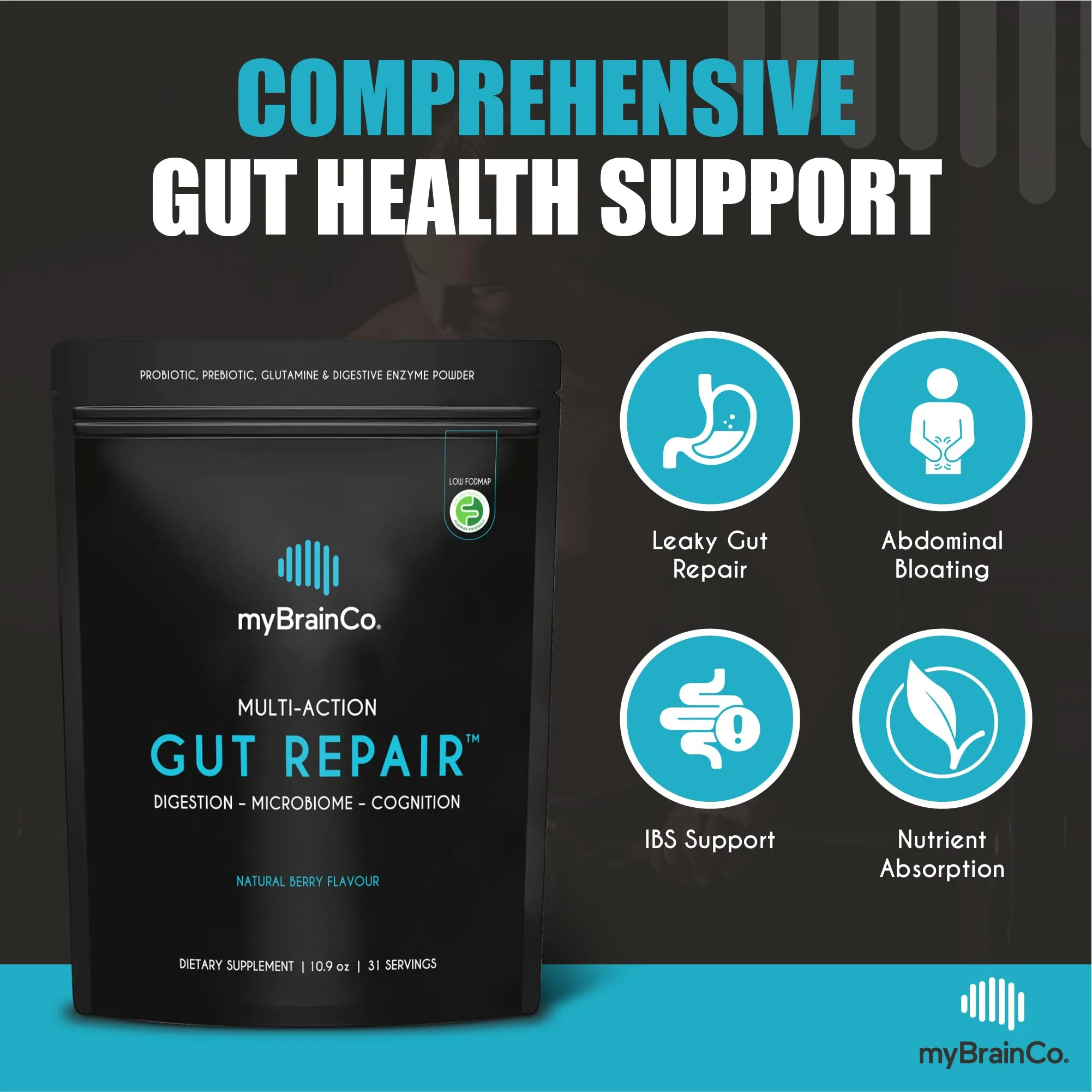 myBrainCo Gut Repair – Low FODMAP Digestive Support Powder with Probiotics, Enzymes & Glutamine (310g) - Image 9