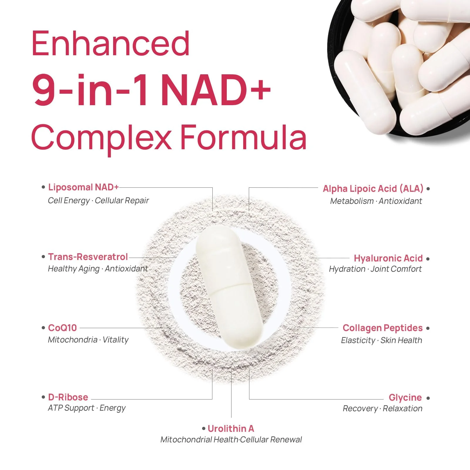 NAD+ Supplement for Women – β-NAD+ NMN Alternative with Trans-Resveratrol, CoQ10, D-Ribose | 60 Capsules Advanced - Image 5