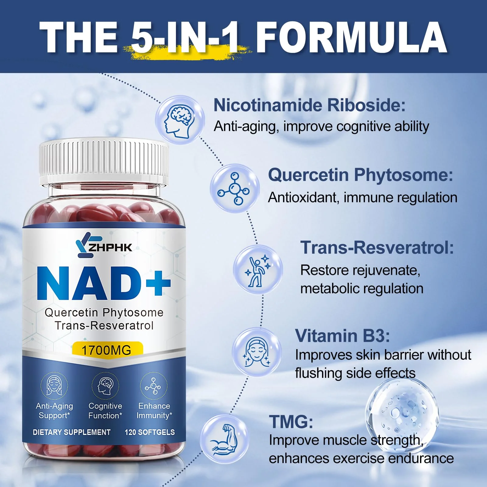 NAD Supplement Softgels 1700mg – NR, Quercetin Phytosome, Trans-Resveratrol & TMG | 360-Count (180 Days) - Image 3