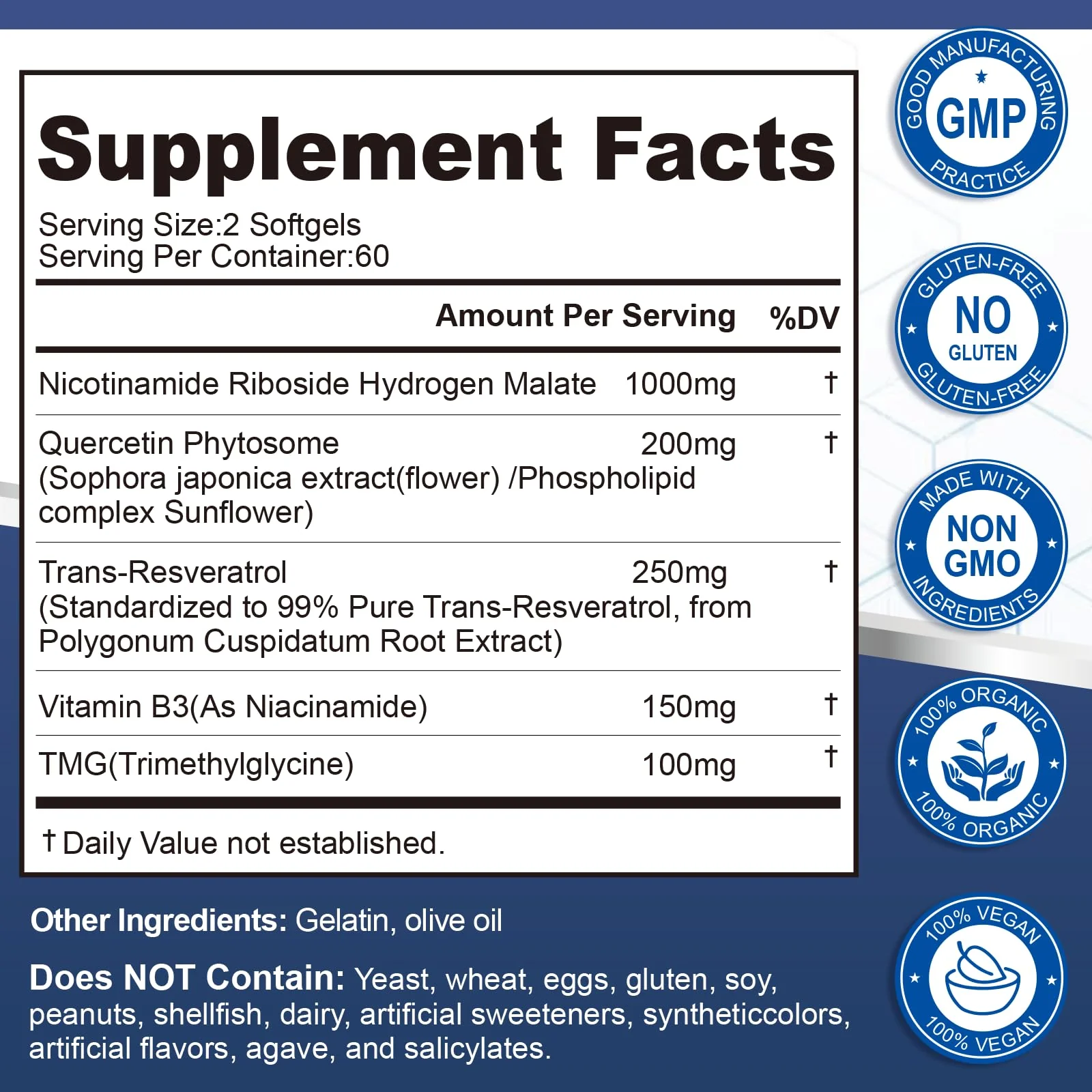 NAD Supplement Softgels 1700mg – NR, Quercetin Phytosome, Trans-Resveratrol & TMG | 360-Count (180 Days) - Image 6
