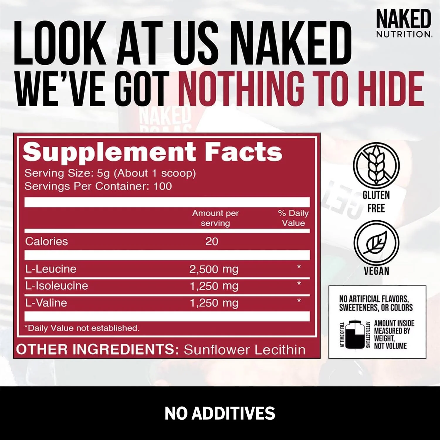 NAKED BCAAs Amino Acids Powder – 500g, 2:1:1, Vegan, Unflavored, 100 Servings - Image 3
