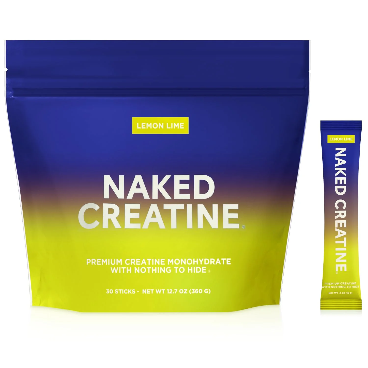 NAKED Pure Lemon Lime Creatine Monohydrate Stick Packs — 30 Pack | Vegan, Non-GMO, Gluten Free