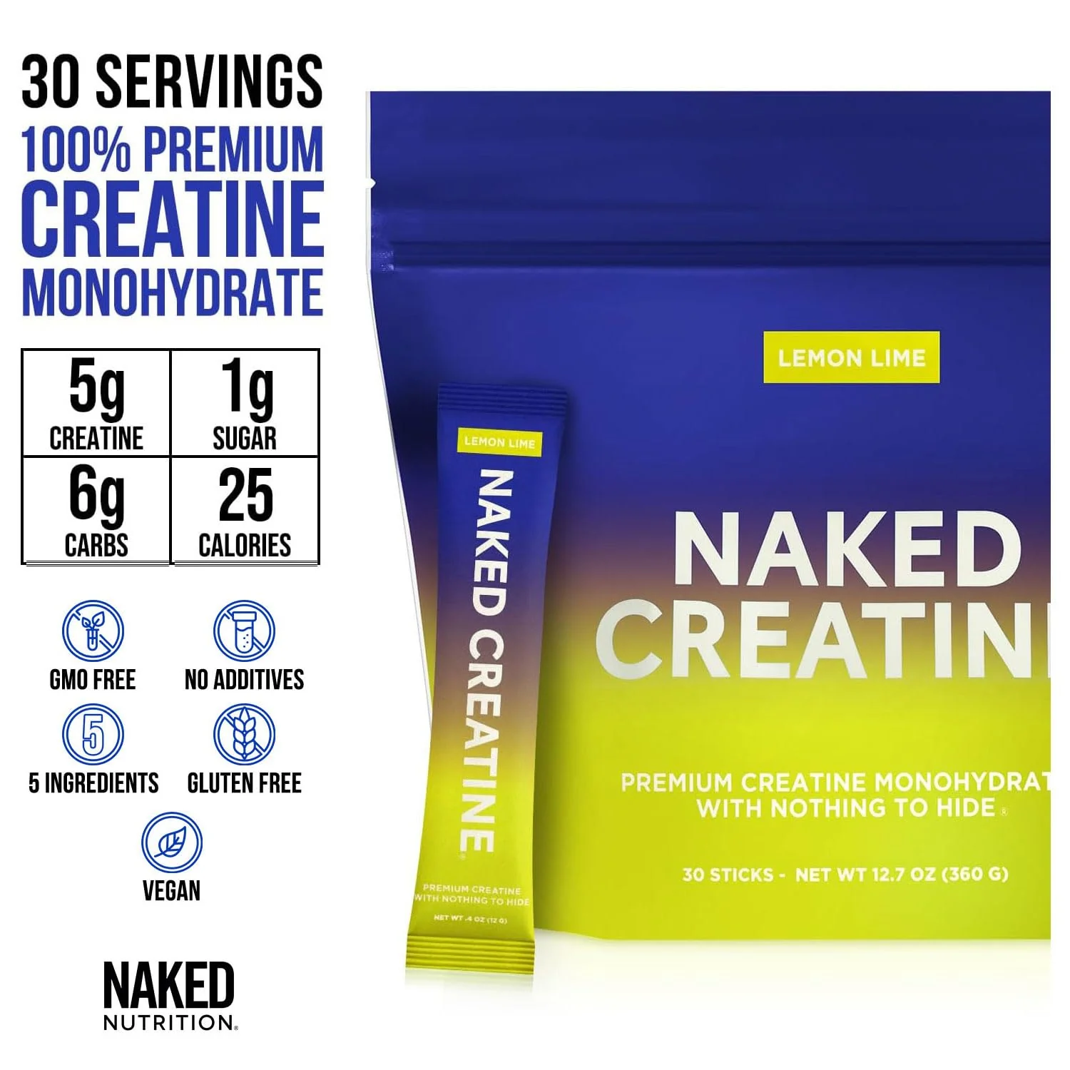 NAKED Pure Lemon Lime Creatine Monohydrate Stick Packs — 30 Pack | Vegan, Non-GMO, Gluten Free - Image 9