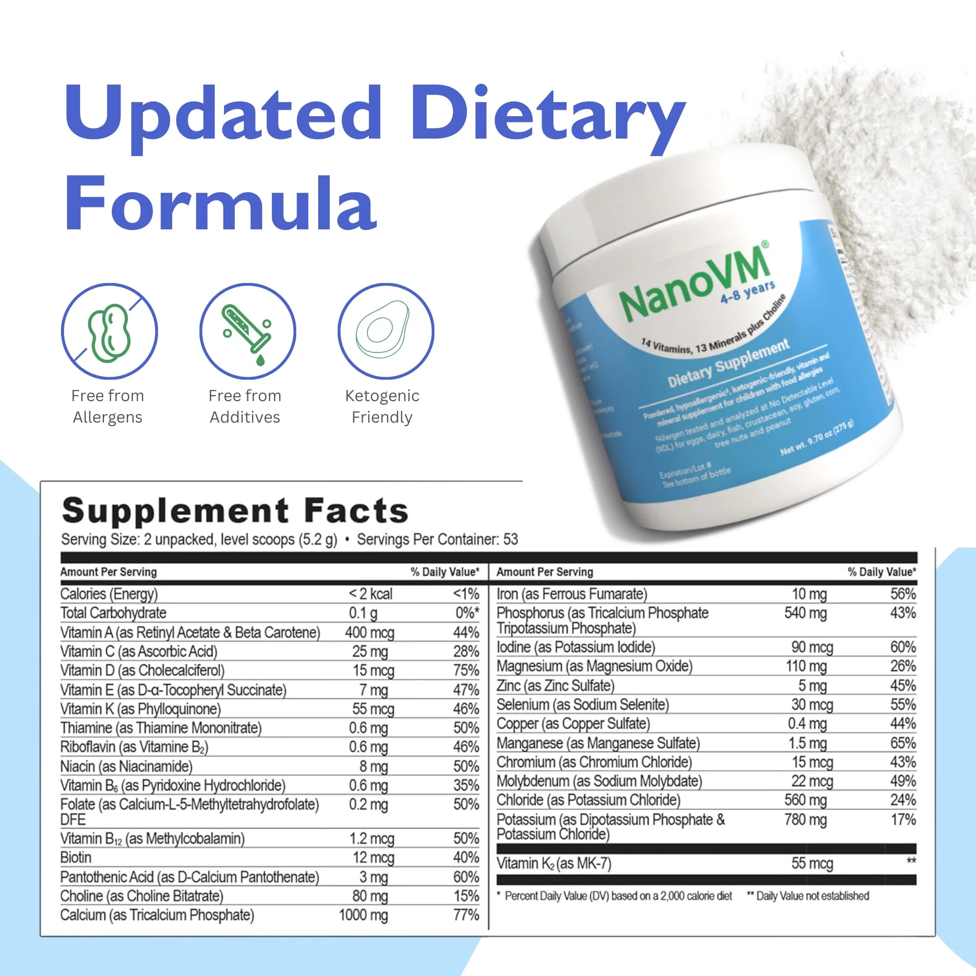 NanoVM 4-8 Years Allergen-Free Kids Multivitamin Powder | Solace Nutrition 275g - Image 2