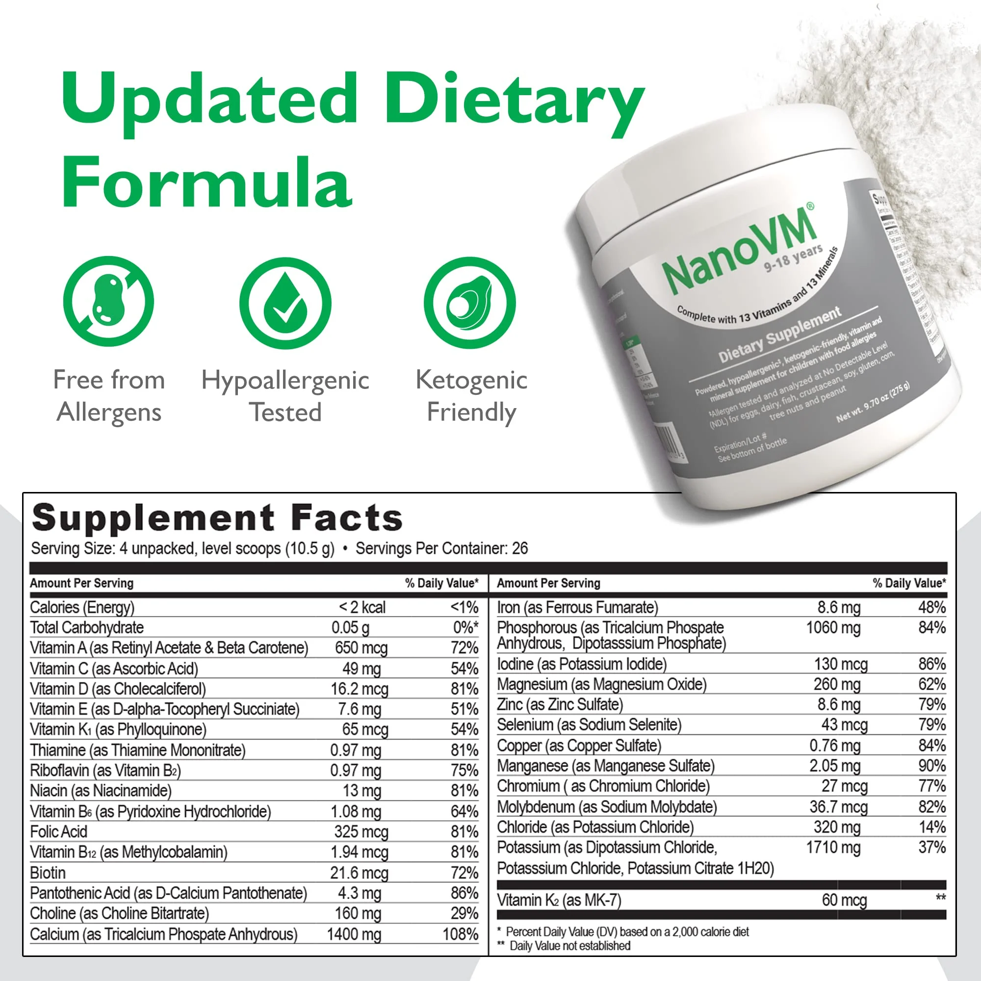 NanoVM 9-18 Years Allergen-Free Multivitamin Powder – Solace Nutrition (275g) Unflavored, Low-Carb - Image 2