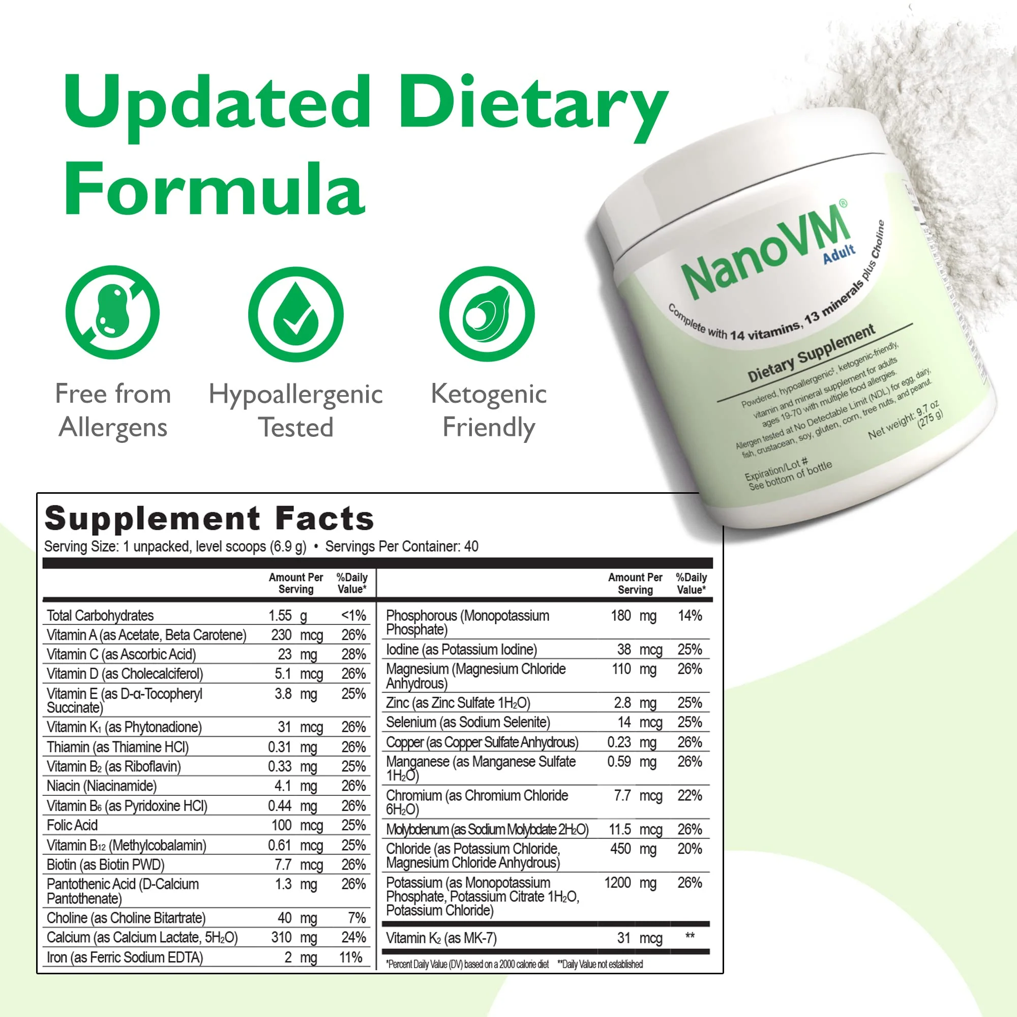 NanoVM Adult Allergen-Free Multivitamin Powder — 13 Vitamins & 13 Minerals, Low-Carb, 275g - Image 2