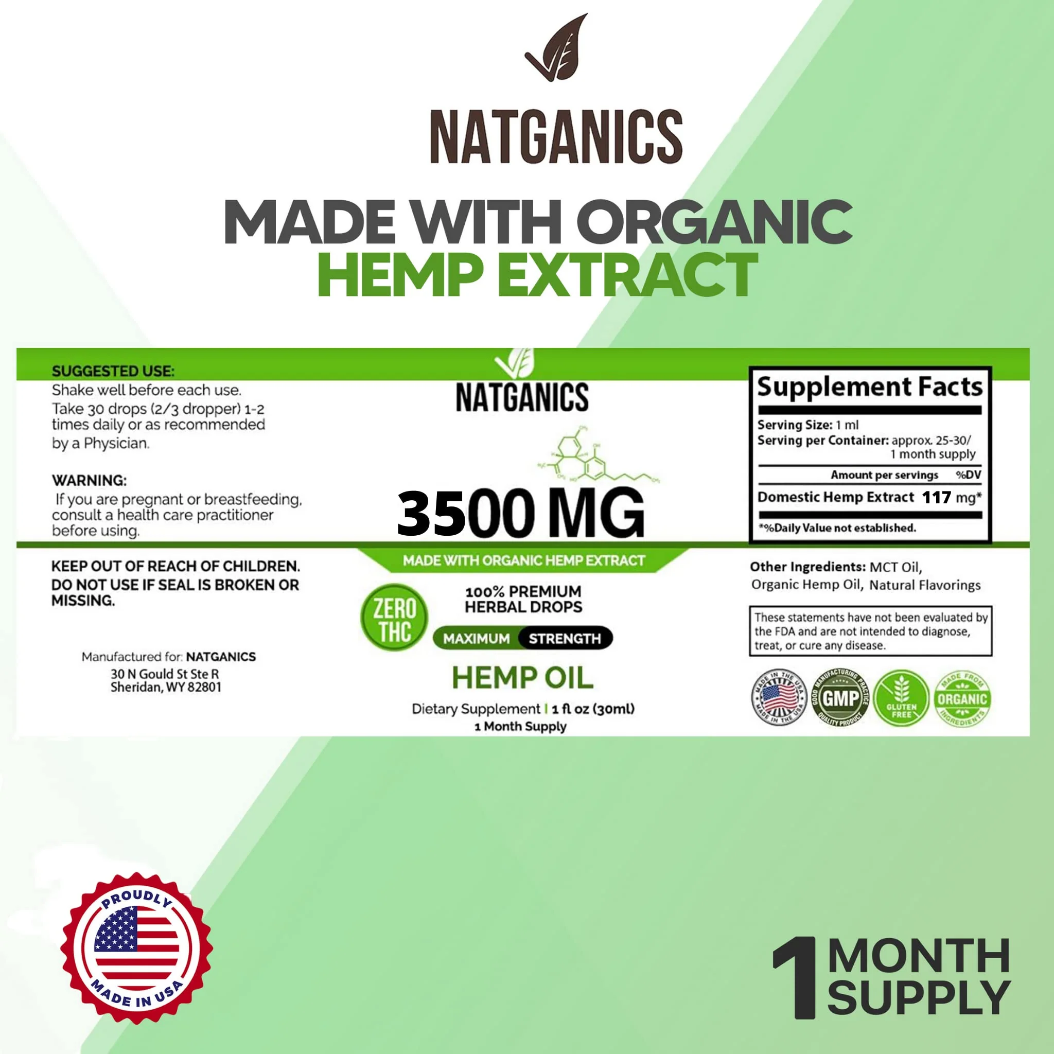 Natganics Organic Hemp Oil 3500mg – Ultra Premium CO2-Extracted Hemp Drops, USA Made - Image 2