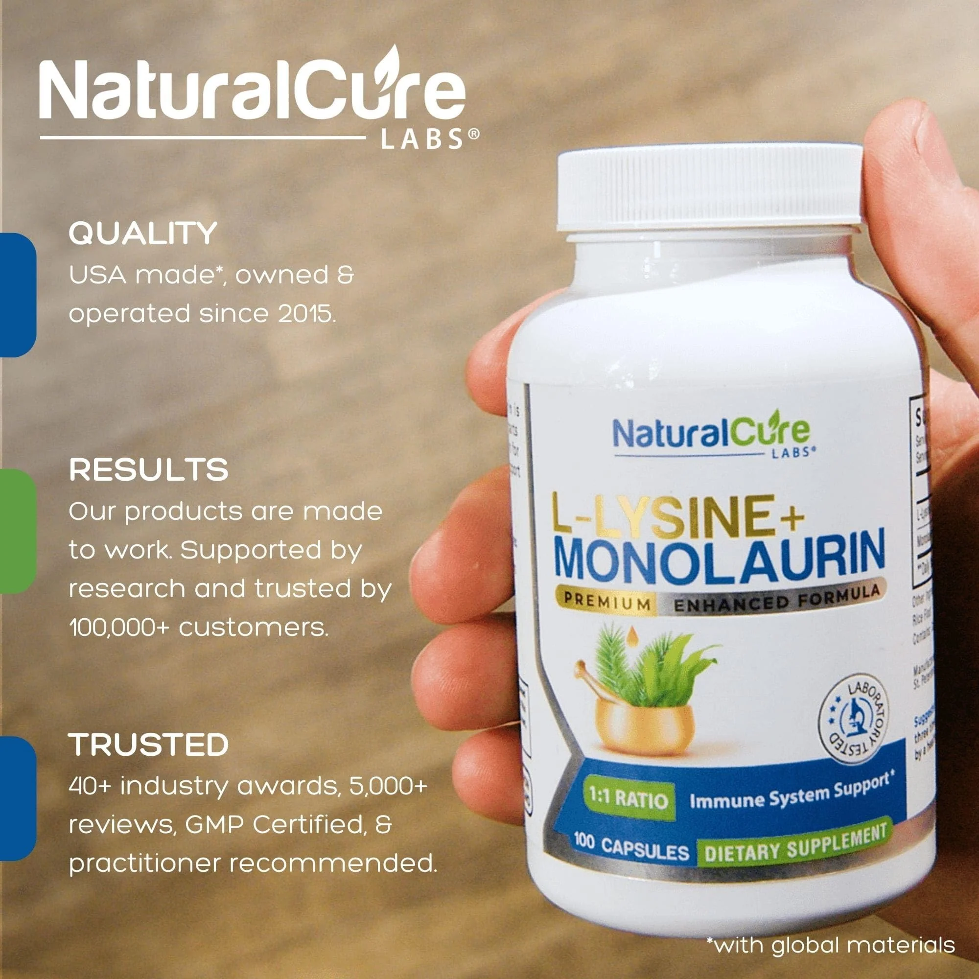 Natural Cure Labs L-Lysine + Monolaurin 600mg 1:1 – 100 Capsules - Image 2