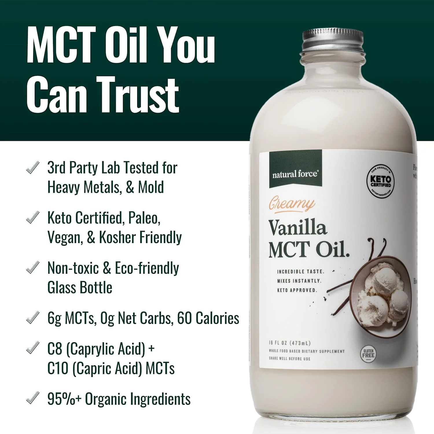 Natural Force Creamy Vanilla MCT Oil - Non-Dairy, Keto Certified, 16 oz - Image 3