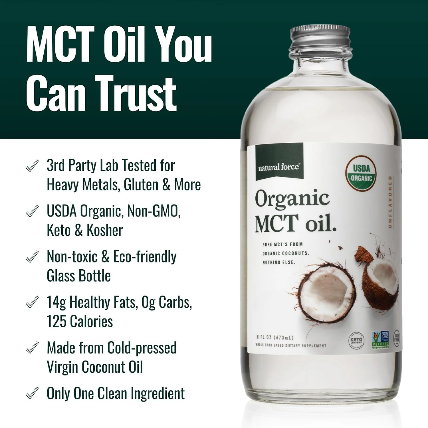 Natural Force Organic MCT Oil – 16 oz Glass Bottle | Keto, Paleo, Kosher, Vegan & Non-GMO - Image 2
