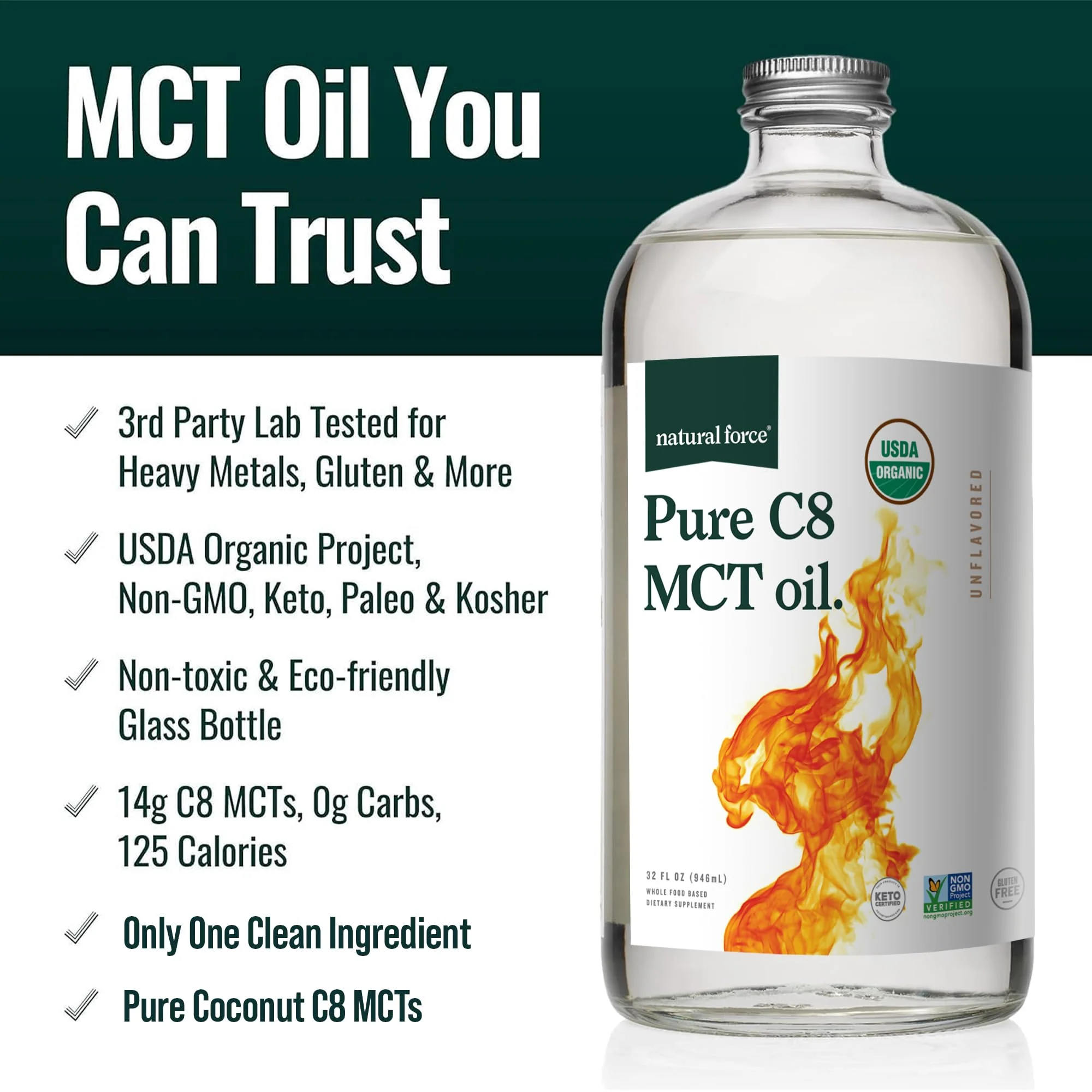 Natural Force Organic Pure C8 MCT Oil – 32 oz Glass Bottle | Keto, Paleo, Kosher, Vegan - Image 10
