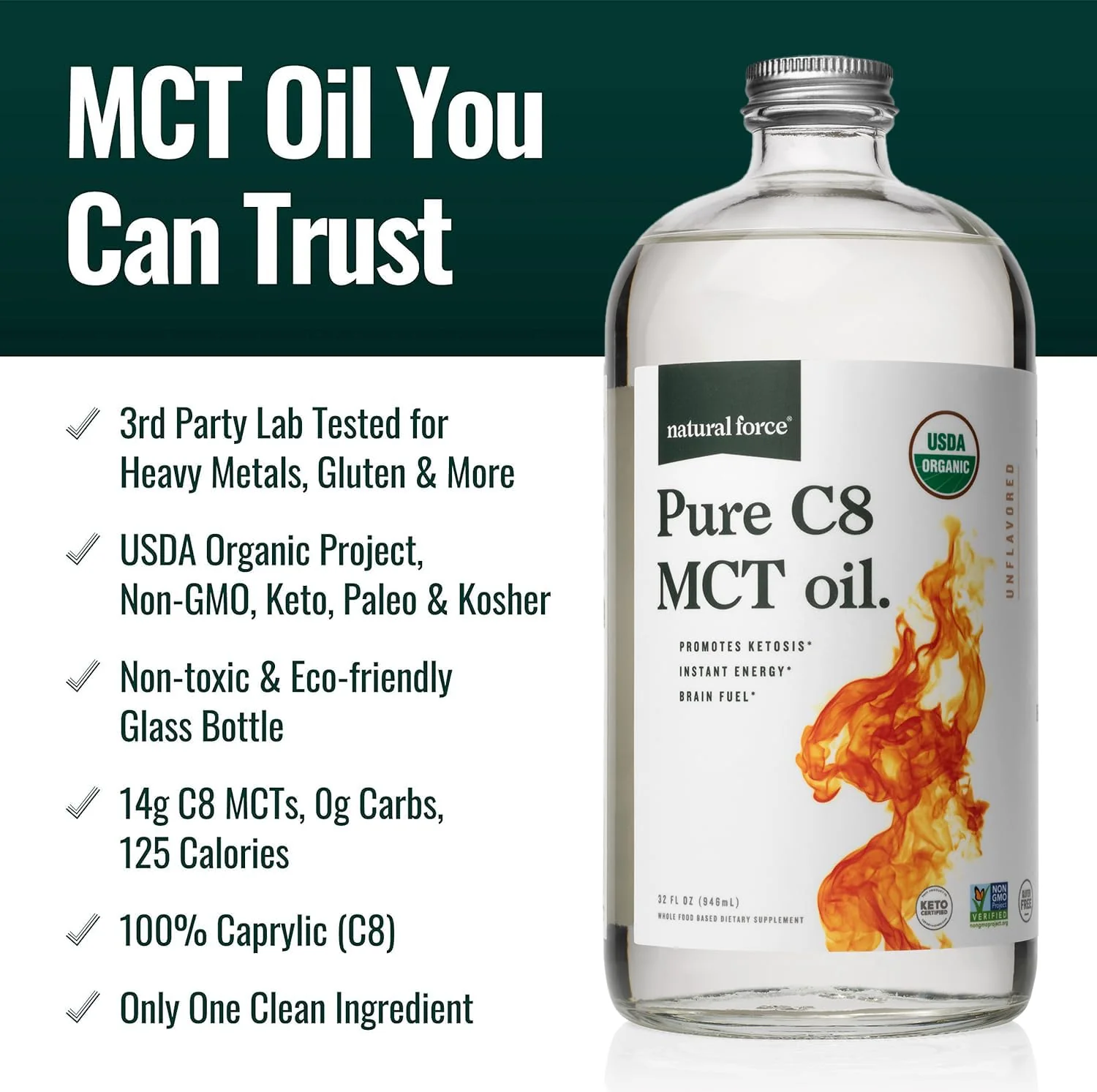 Natural Force Organic Pure C8 MCT Oil – 32 oz Glass Bottle | Keto, Paleo, Kosher, Vegan - Image 3