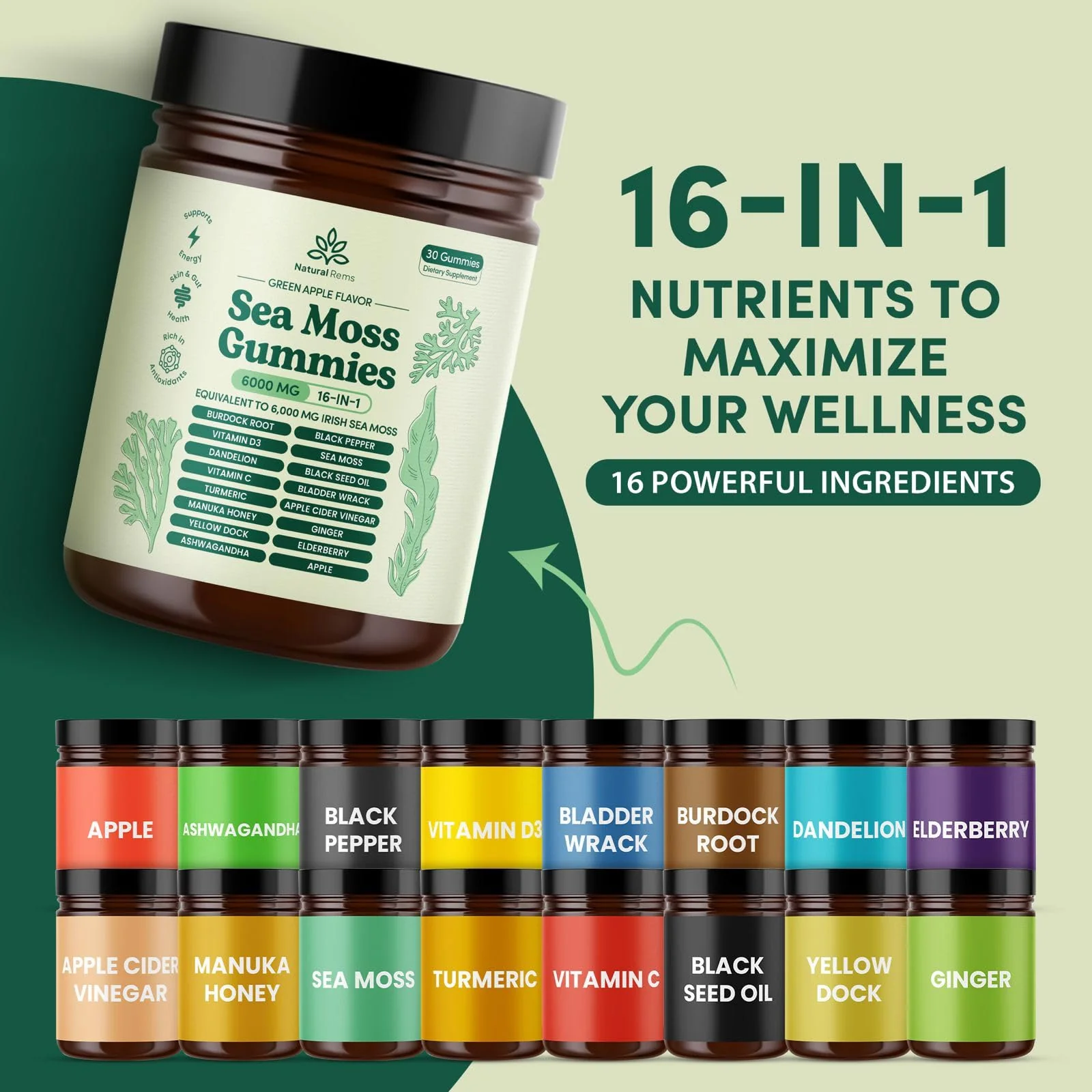 Natural Rems Sea Moss Gummies 16-in-1 with Ashwagandha, Black Seed Oil & Turmeric – Green Apple - Image 10