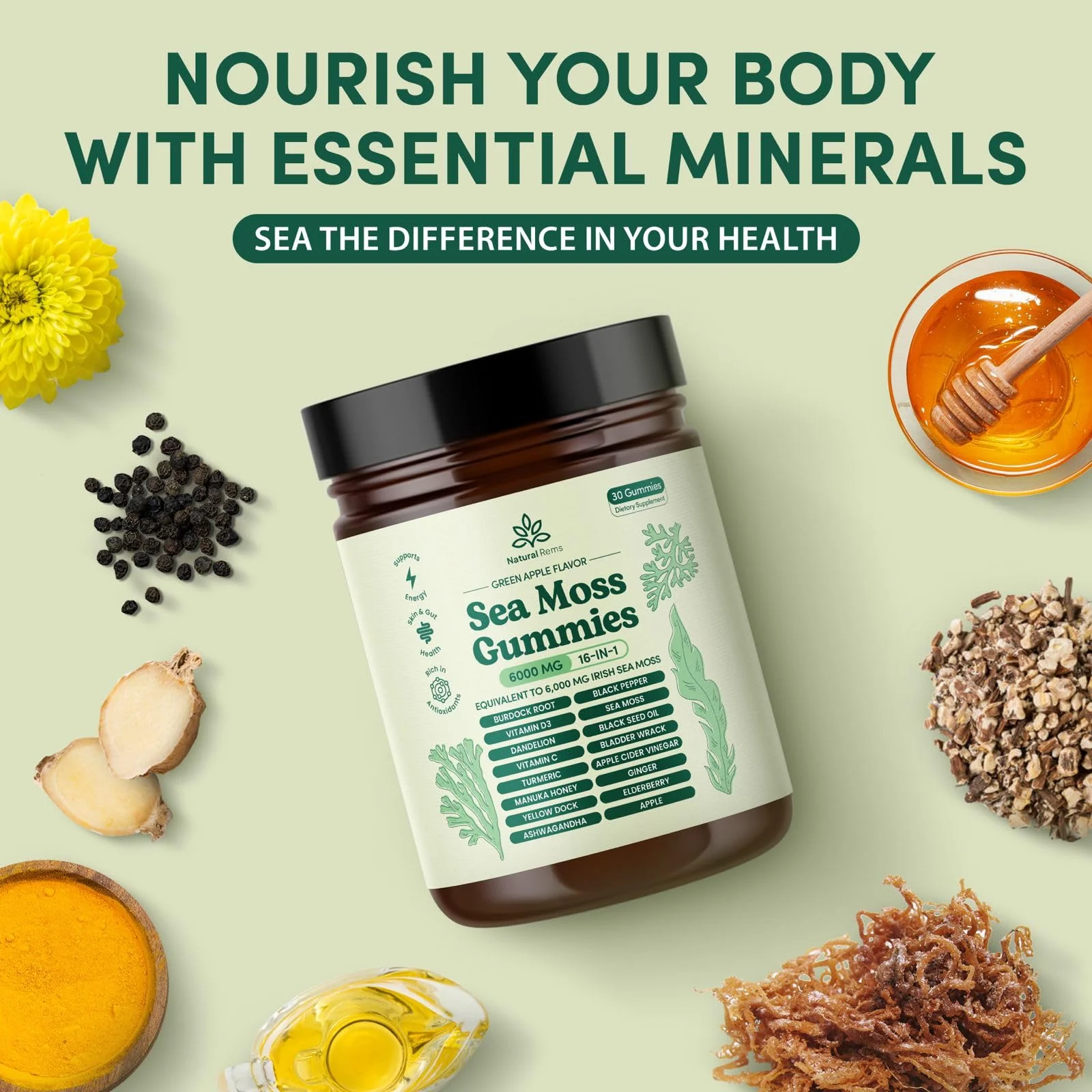 Natural Rems Sea Moss Gummies 16-in-1 with Ashwagandha, Black Seed Oil & Turmeric – Green Apple - Image 11