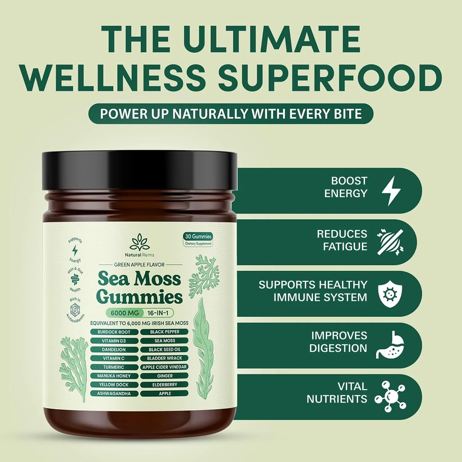Natural Rems Sea Moss Gummies 16-in-1 with Ashwagandha, Black Seed Oil & Turmeric – Green Apple - Image 13