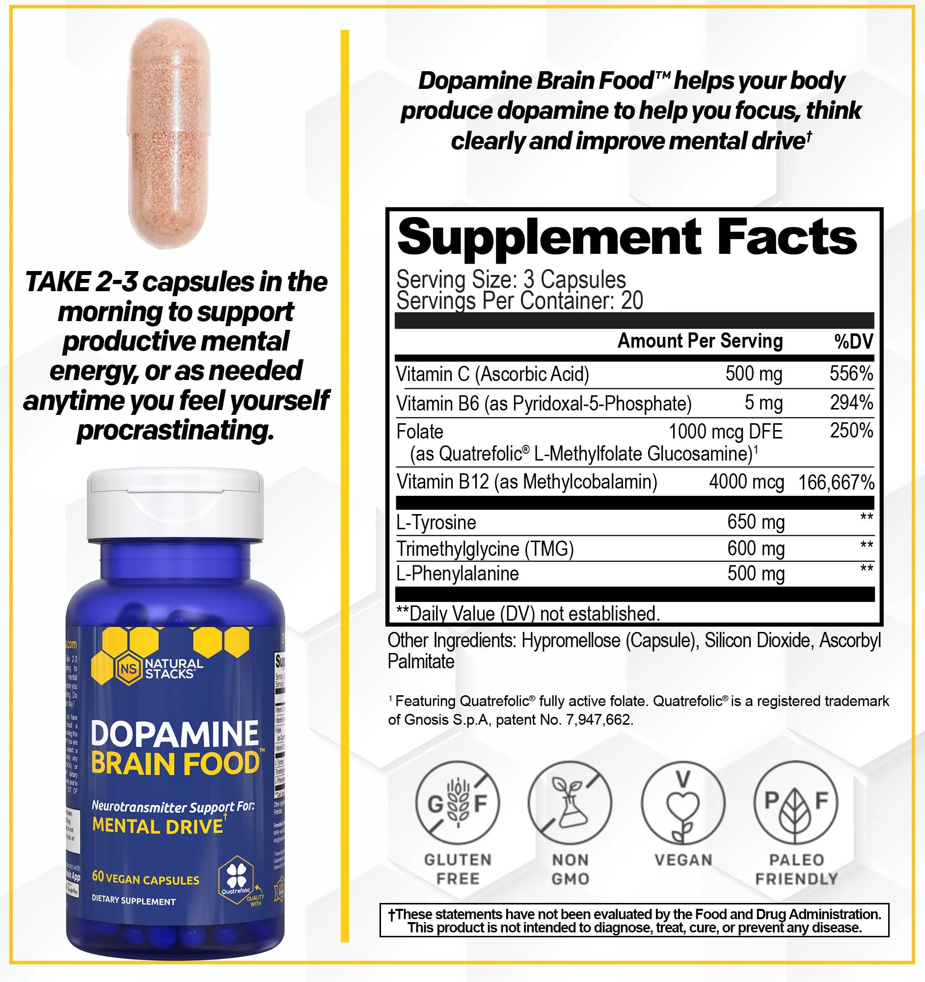 Natural Stacks Dopamine Brain Food - 650 mg L-Tyrosine for Focus & Mental Drive (60 Capsules) - Image 3