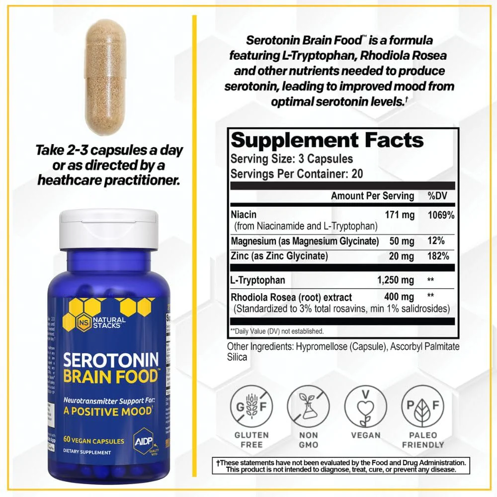 Natural Stacks Serotonin Brain Food – 1250mg L-Tryptophan & 400mg Rhodiola Rosea – Mood Support with Magnesium Glycinate & Zinc – 60 Capsules - Image 2