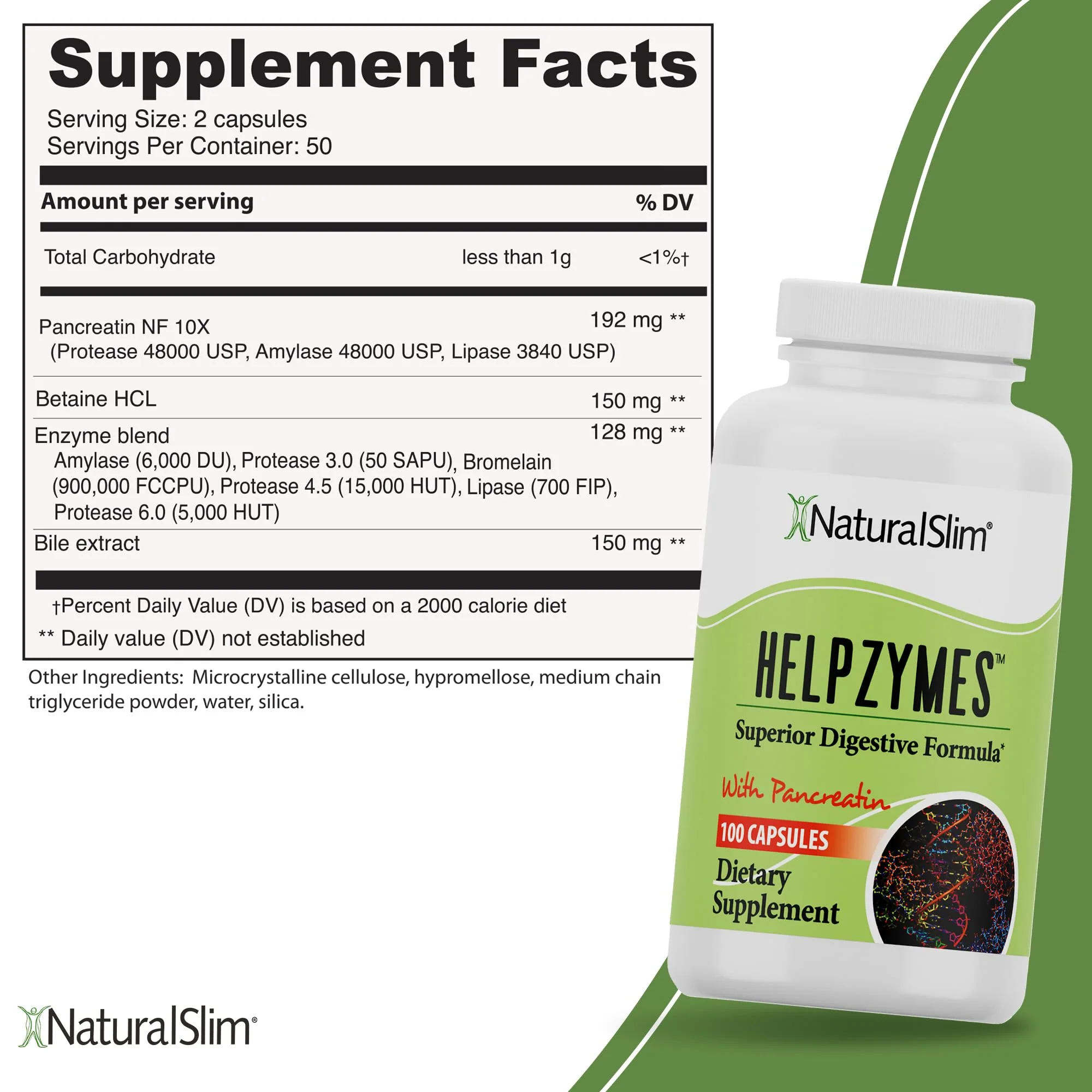 NaturalSlim Helpzymes Enzyme Complex – Bromelain, Ox Bile, Pancreatin & Betaine HCl, 2-Pack (100 Capsules) - Image 4