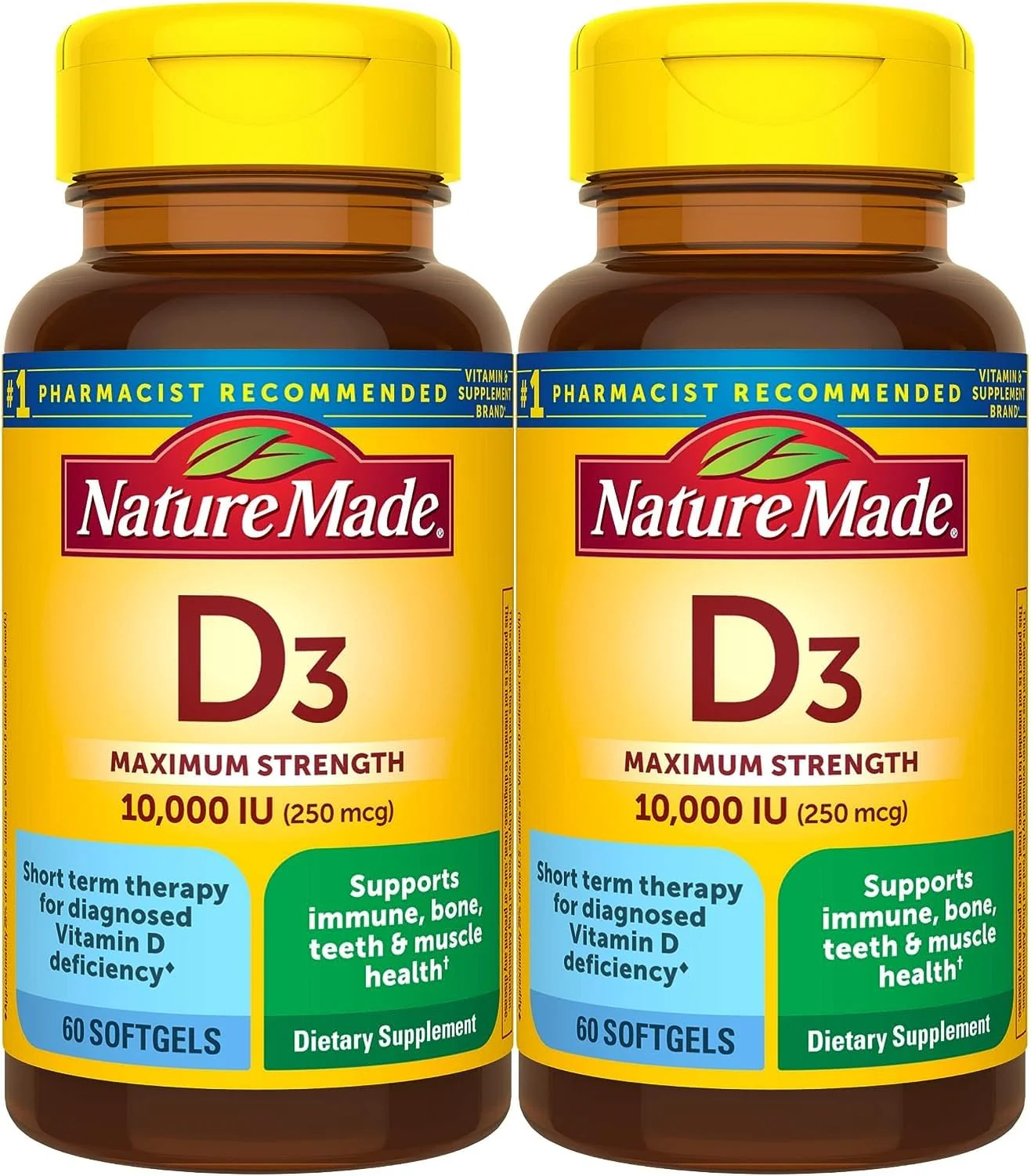 Nature Made Vitamin D3 10000 IU Softgels – Pack of 2 (60 Softgels each) | Bone, Teeth, Muscle & Immune Health