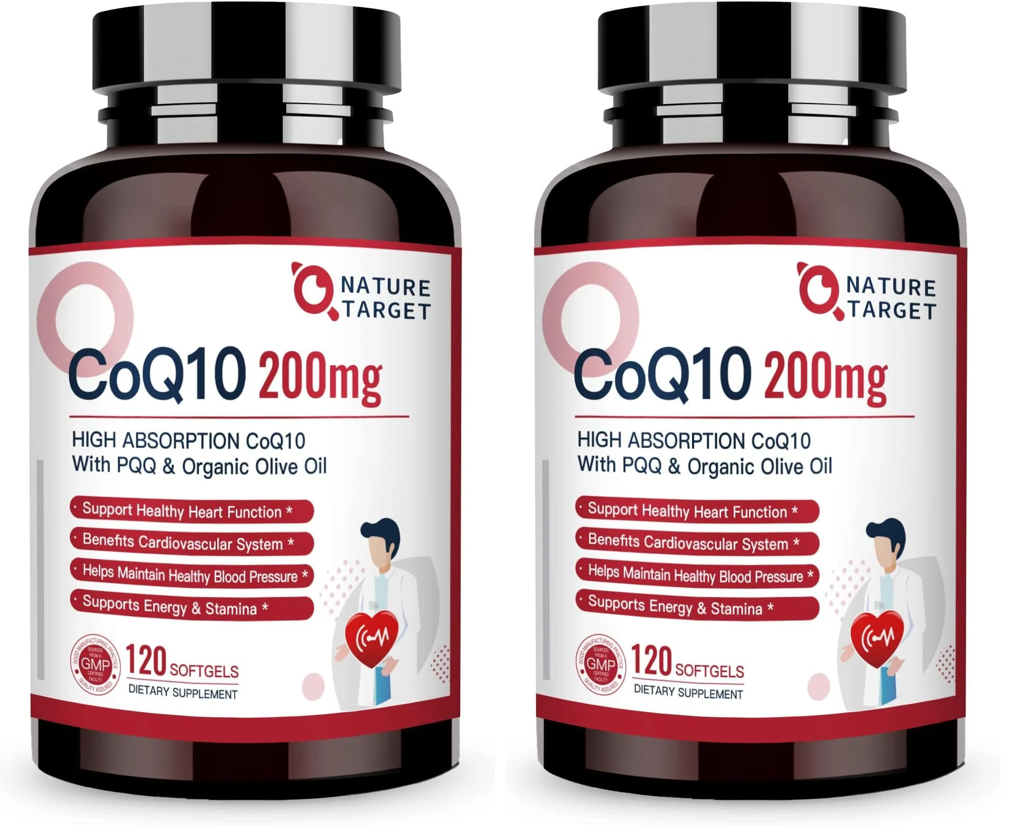 Nature Target CoQ10 200mg Softgels + PQQ with Organic Olive Oil – High Absorption, 240 Softgels (Pack of 2)