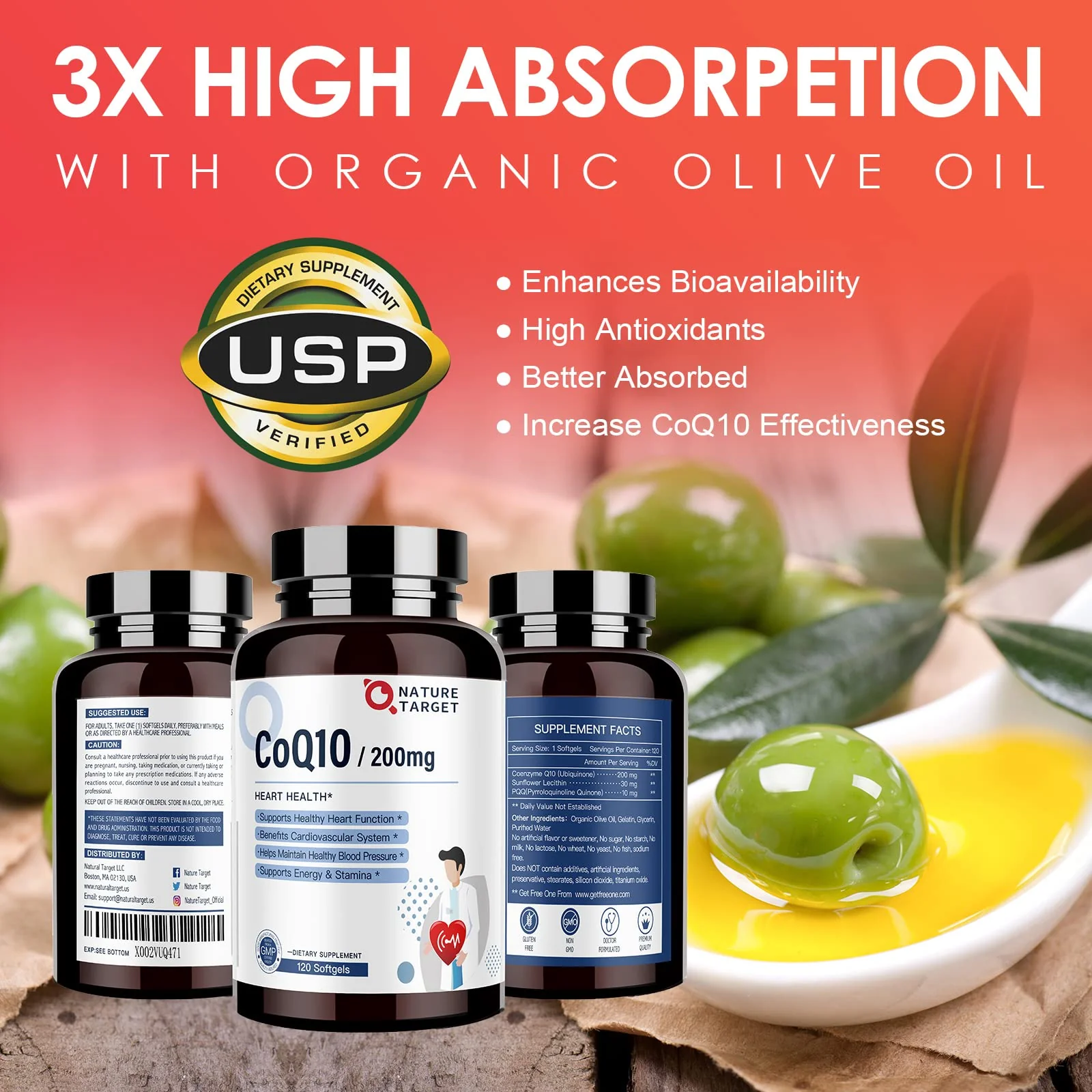 Nature Target CoQ10 200mg Softgels + PQQ with Organic Olive Oil – High Absorption, 240 Softgels (Pack of 2) - Image 5