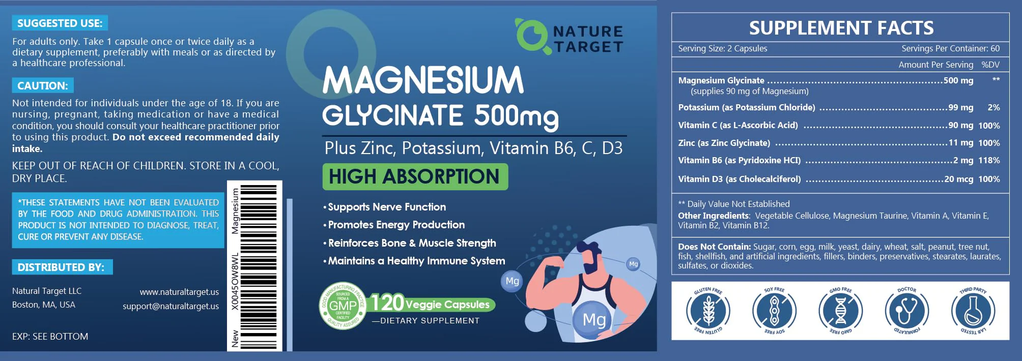 NATURE TARGET Magnesium Glycinate 500mg with Zinc & Vitamin D3 – Muscle, Nerve & Bone Support, Heart Health & Immune Support (Pack of 2, 240 Capsules) - Image 14