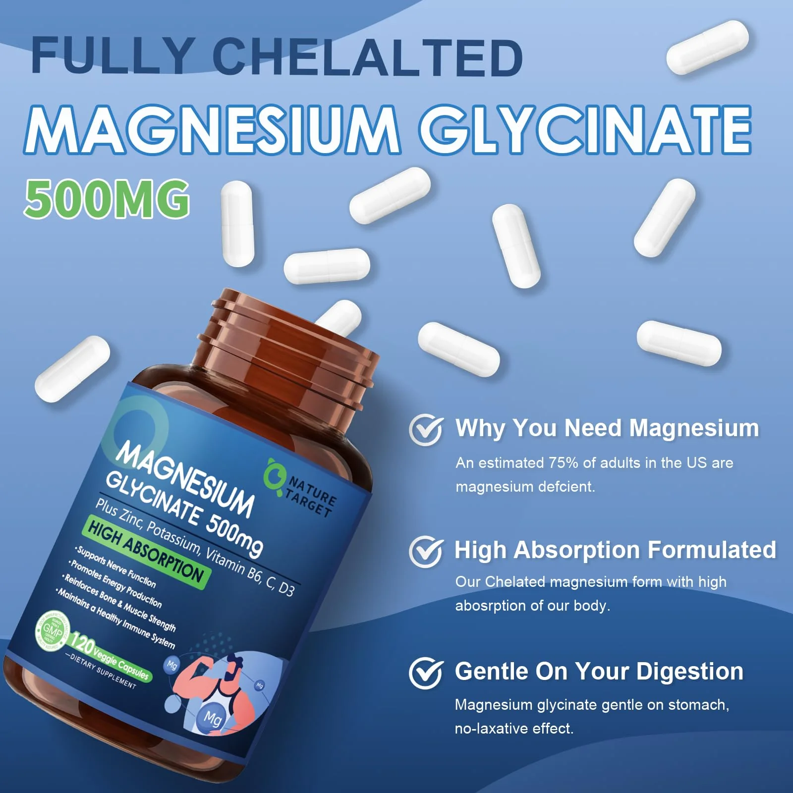 NATURE TARGET Magnesium Glycinate 500mg with Zinc & Vitamin D3 – Muscle, Nerve & Bone Support, Heart Health & Immune Support (Pack of 2, 240 Capsules) - Image 2
