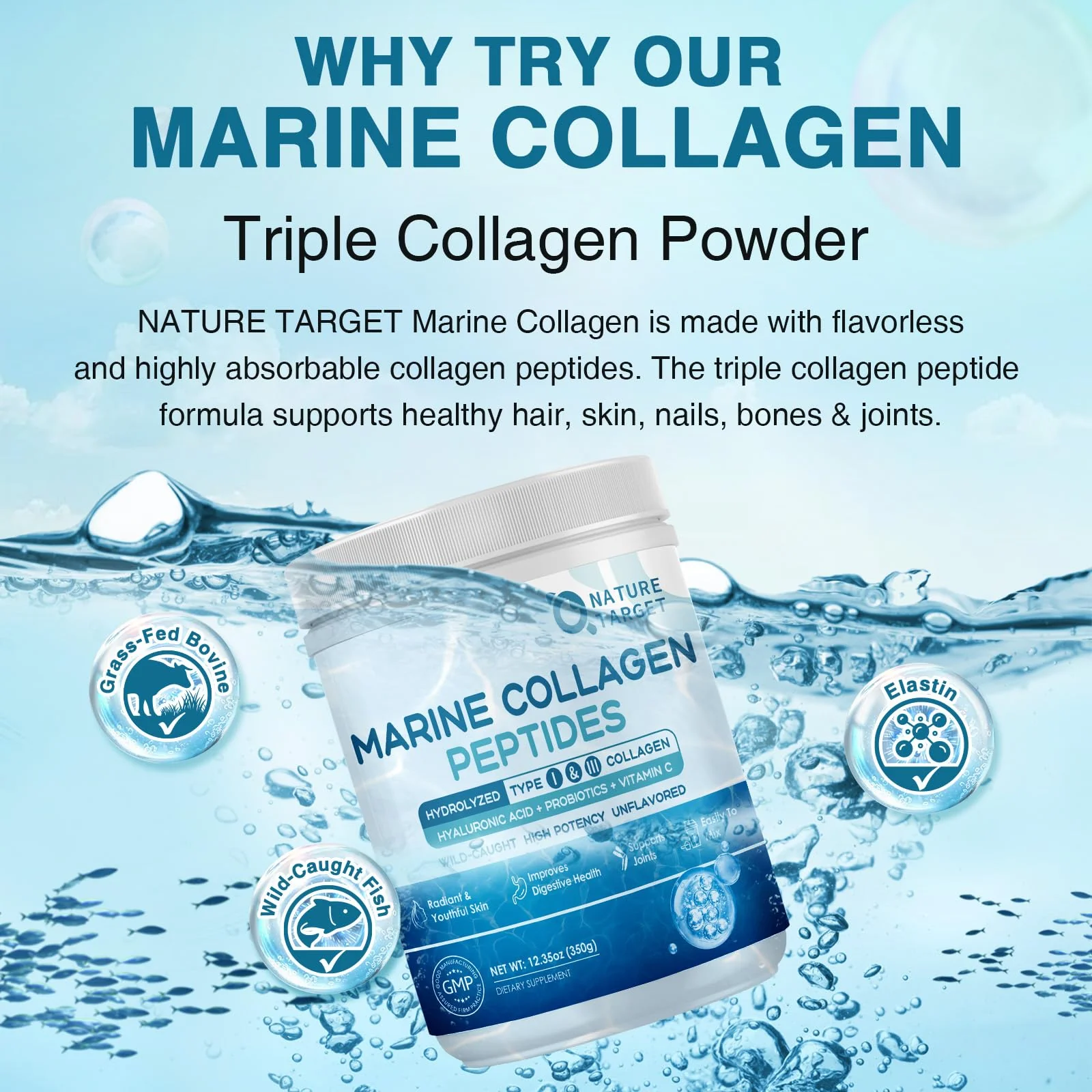 NATURE TARGET Marine Collagen Peptides Powder – Type I & III with Probiotics, Vitamin C & Hyaluronic Acid | 2 x 35 Servings - Image 3