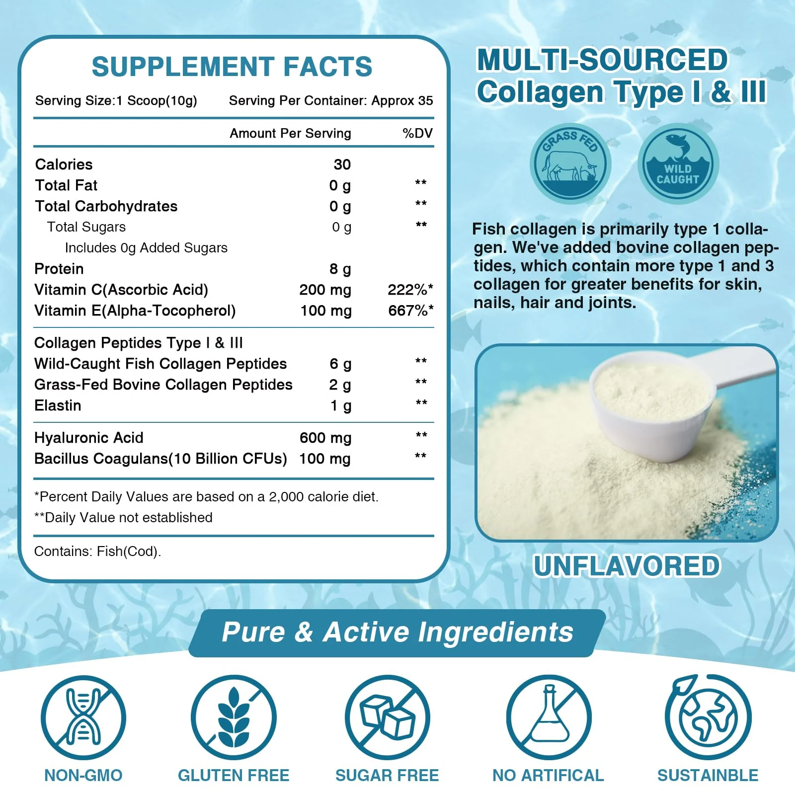 NATURE TARGET Marine Collagen Peptides Powder – Type I & III with Probiotics, Vitamin C & Hyaluronic Acid | 2 x 35 Servings - Image 9