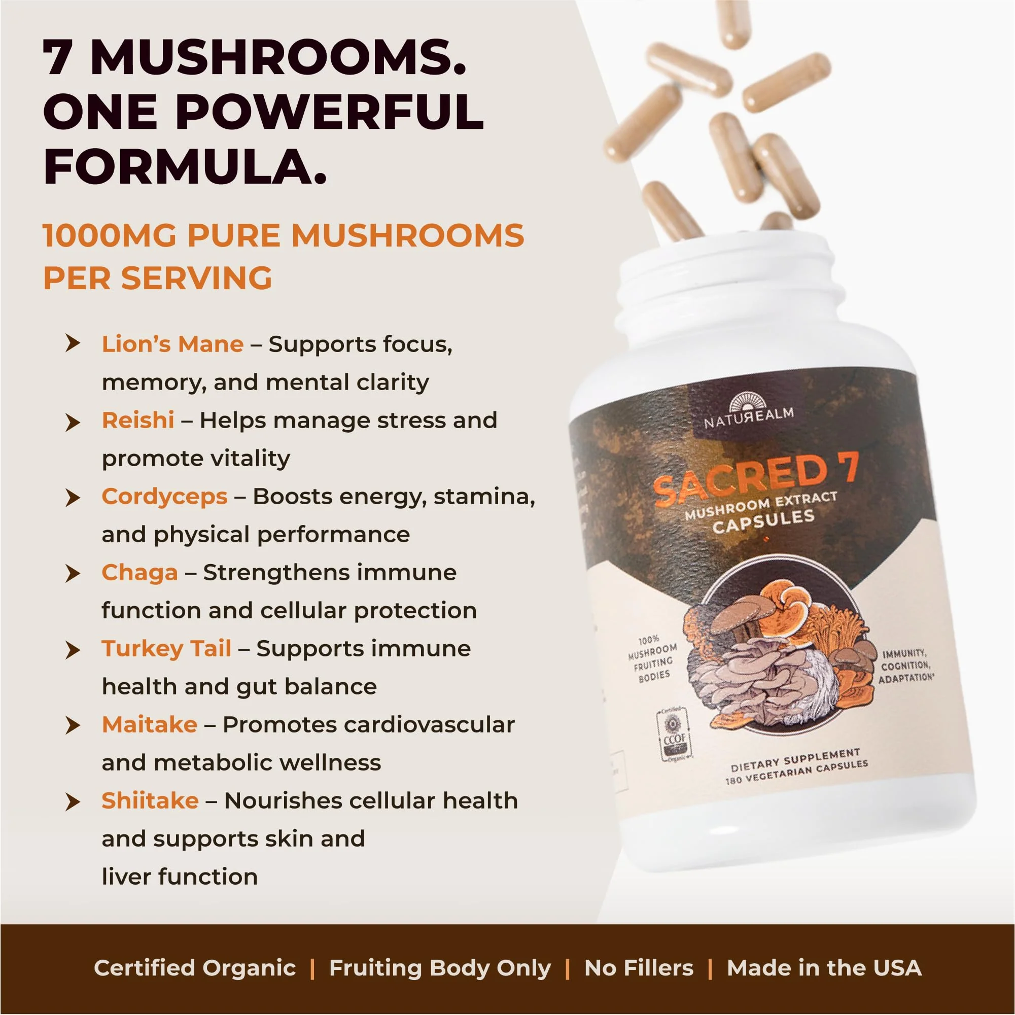 Naturealm Sacred 7 Mushroom 7-in-1 Blend Capsules – 60 Day Supply | Organic Fruiting Body Extract - Image 2