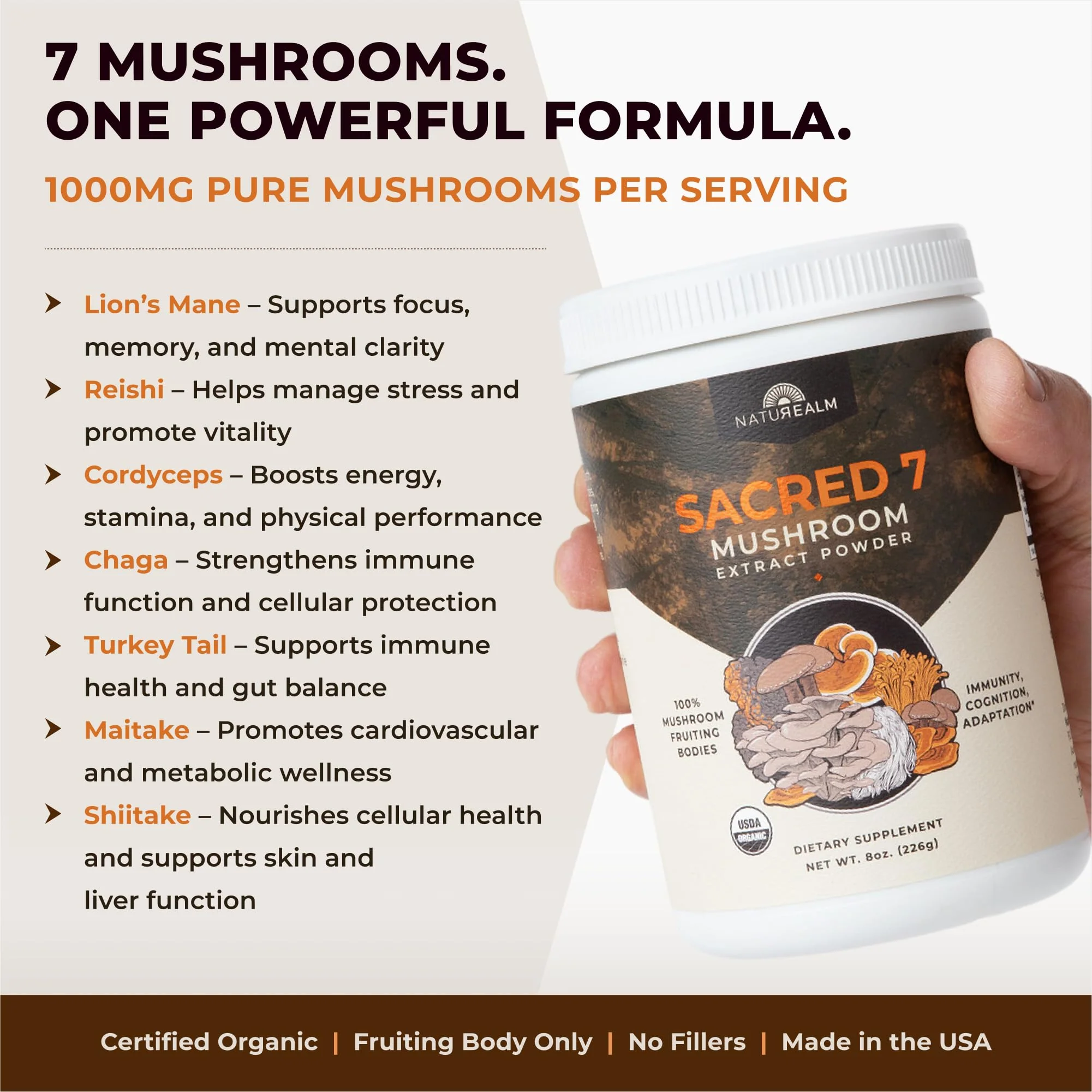 Naturealm Sacred 7 Organic Mushroom Supplement – 60 Servings – Fruiting Body Extract (Lions Mane, Reishi, Chaga) for Immune Support & Nootropic Focus - Image 4