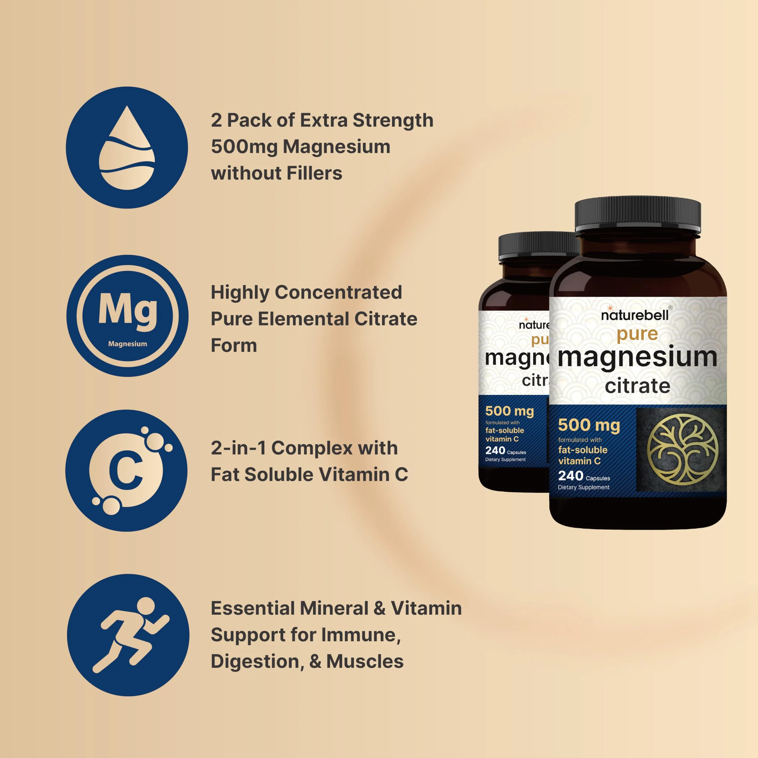NatureBell 2 Pack Magnesium Citrate 500mg – 480 Capsules | 2-in-1 Vitamin C - Image 3