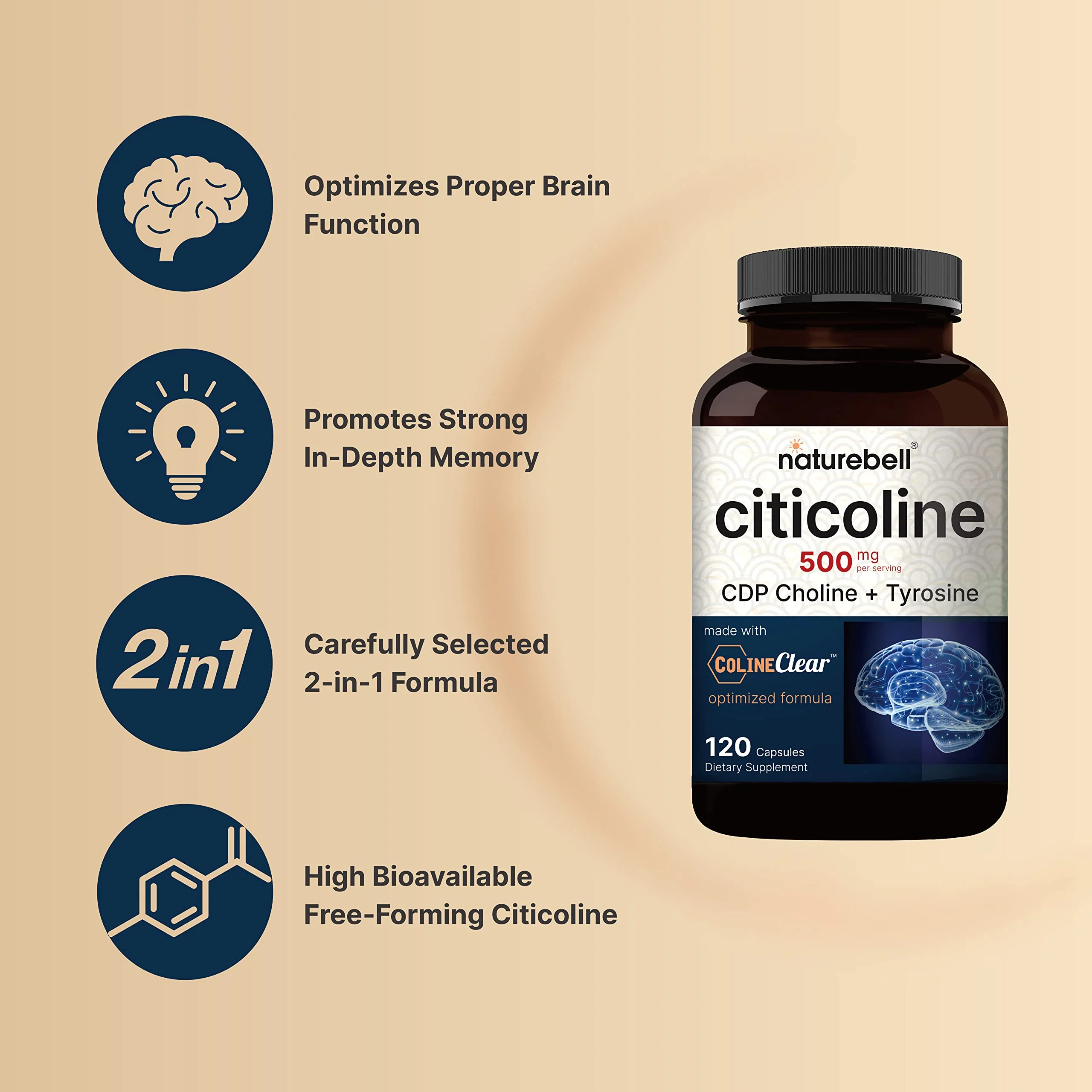 NatureBell Citicoline 500mg + Tyrosine 50mg – 120 Capsules | Dual Action Brain Support - Image 4