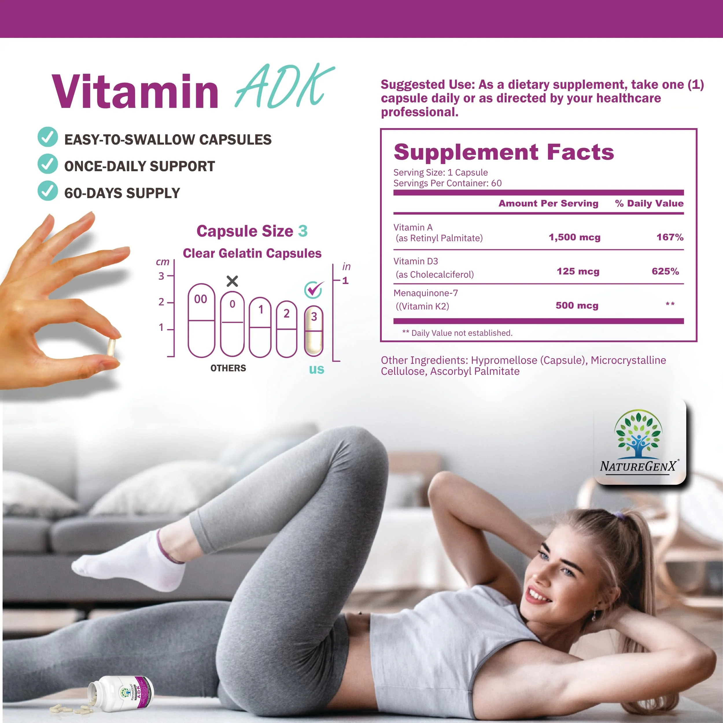 NatureGenX ADK Vitamin Supplement - Enhanced Bone Support (Gluten-Free, 120 Capsules Pack of 2) - Image 13