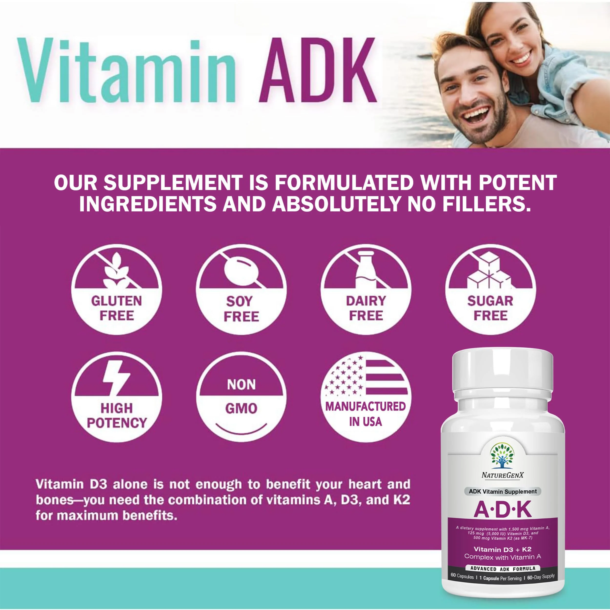 NatureGenX ADK Vitamin Supplement - Enhanced Bone Support (Gluten-Free, 120 Capsules Pack of 2) - Image 16