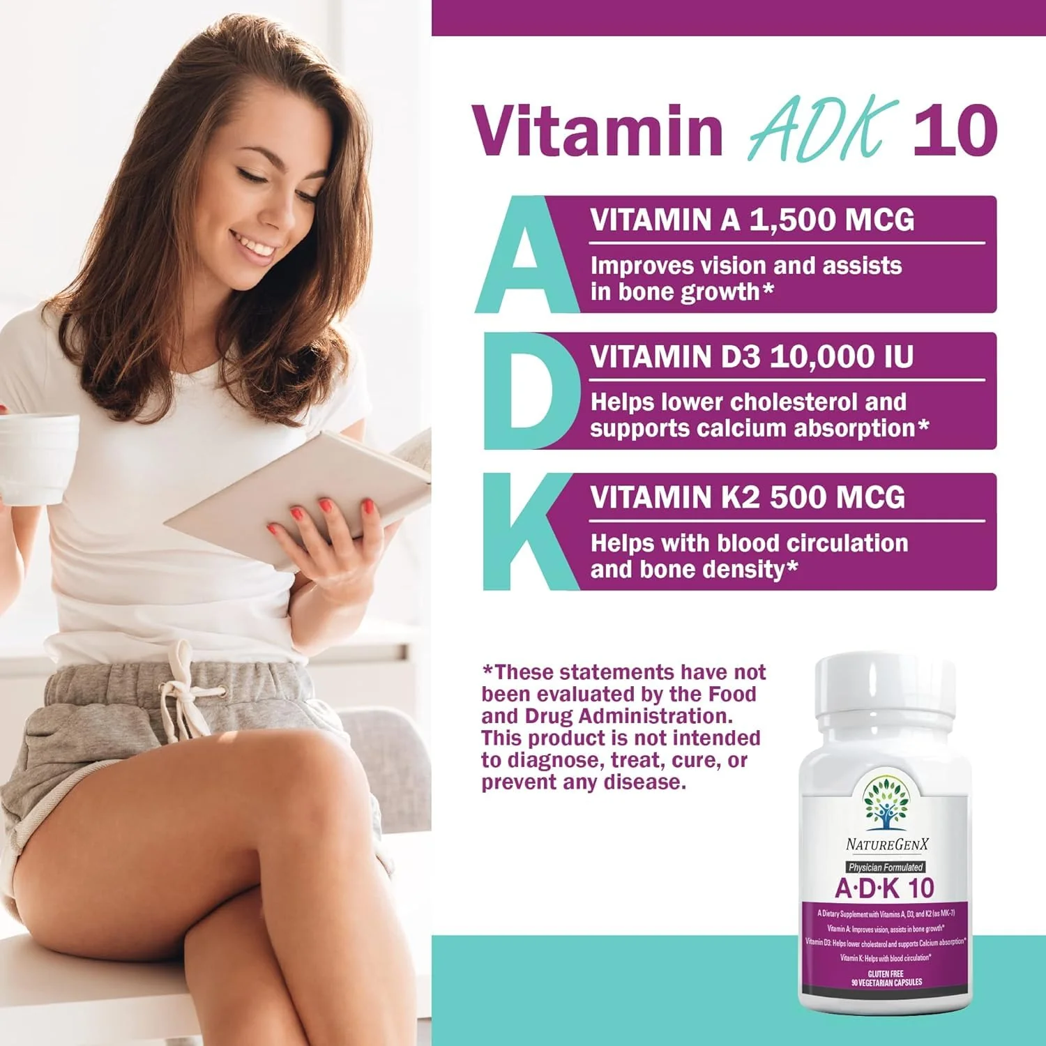 NatureGenX ADK10 – High Potency Vitamin ADK (D3 10,000 IU, K2 MK-7) | Bone, Immune & Heart Support | 90 Capsules - Image 3
