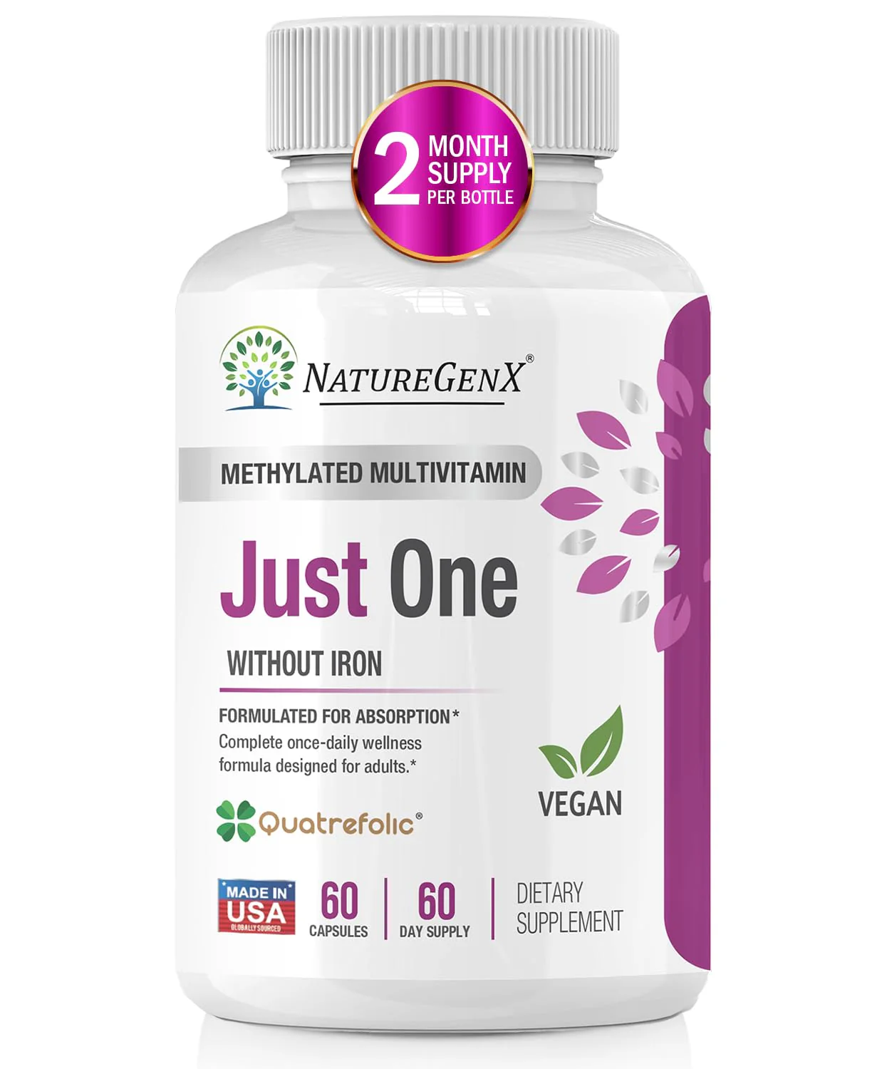 NatureGenX Just One Daily Methylated Multivitamin - 60 Caps, 2-Month Supply, Iron-Free, MTHFR Support, Gluten Free