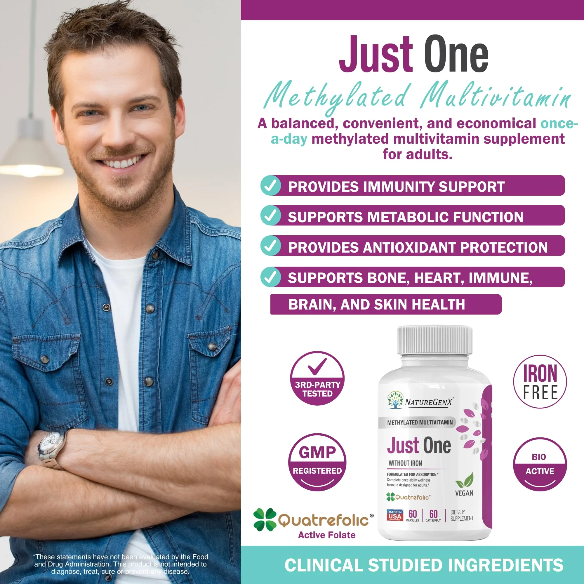 NatureGenX Just One Daily Methylated Multivitamin - 60 Caps, 2-Month Supply, Iron-Free, MTHFR Support, Gluten Free - Image 3