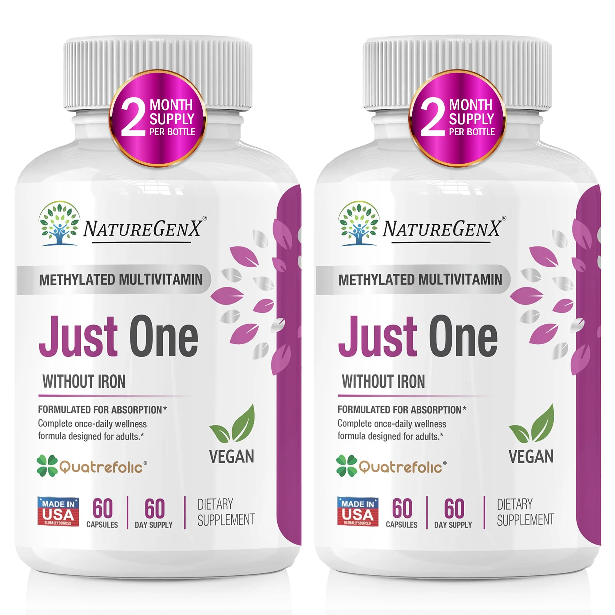 NatureGenX Just One Daily Methylated Multivitamin – 60 Vegan Capsules, USA-Made, Iron-Free