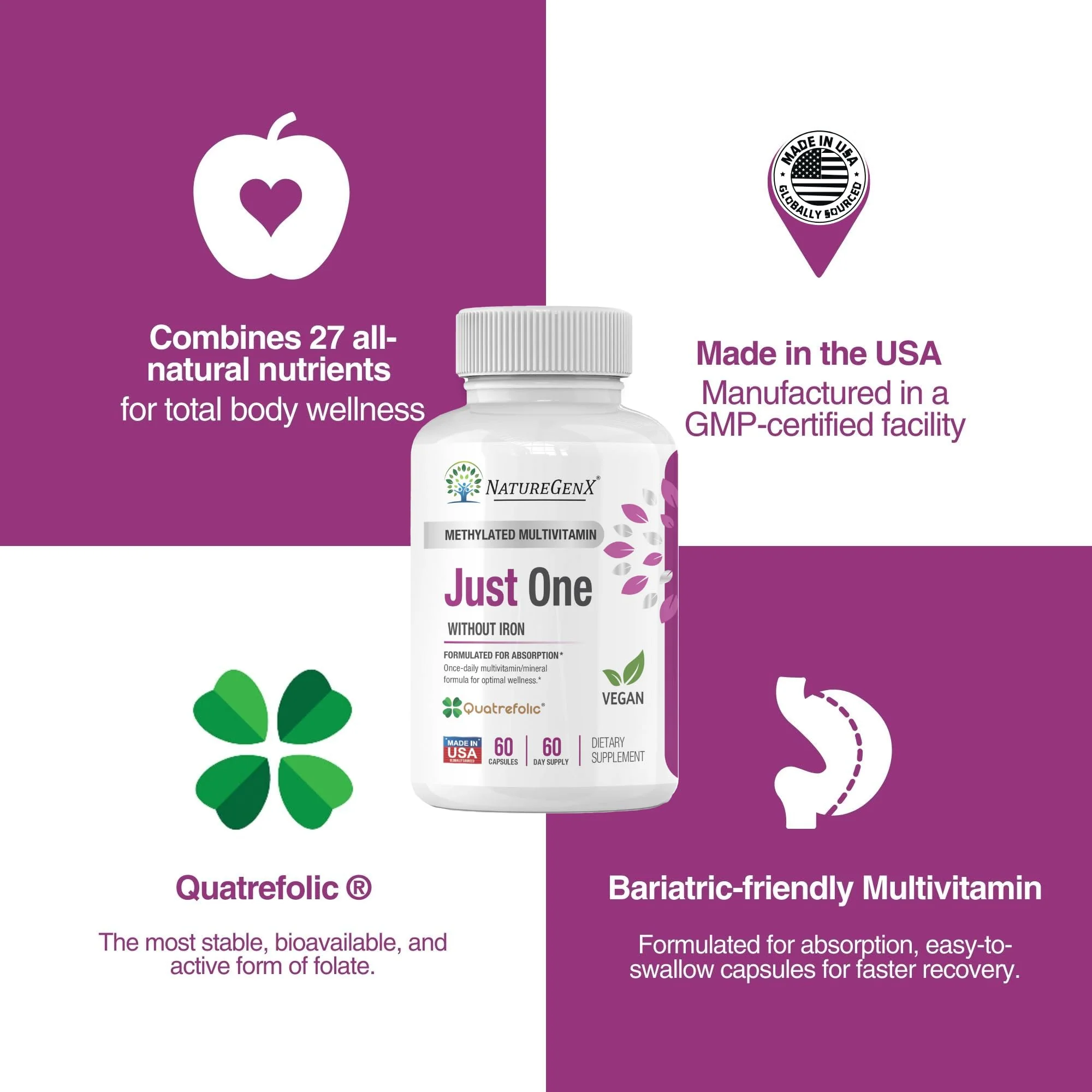 NatureGenX Just One Daily Methylated Multivitamin – 60 Vegan Capsules, USA-Made, Iron-Free - Image 17