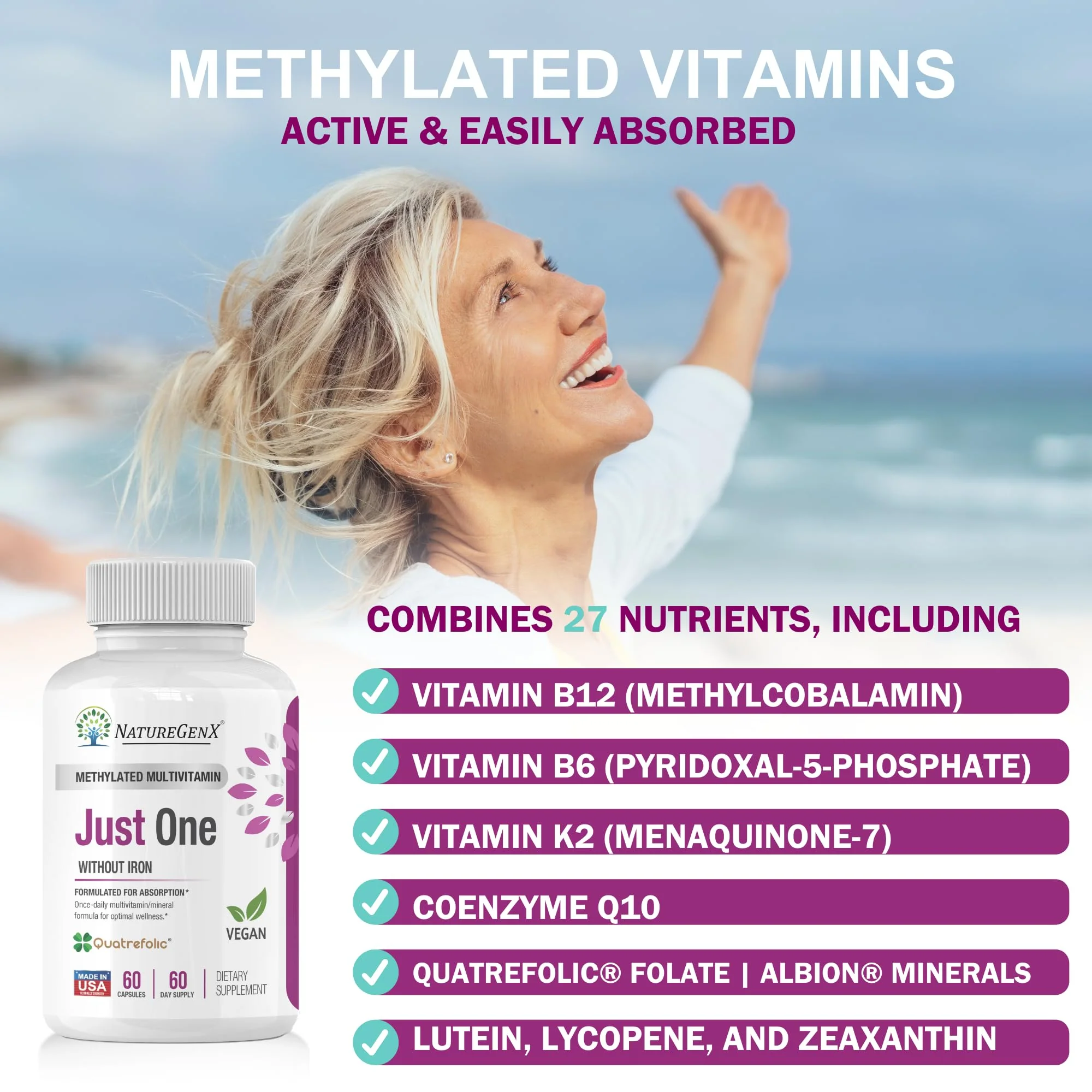 NatureGenX Just One Daily Methylated Multivitamin – 60 Vegan Capsules, USA-Made, Iron-Free - Image 2