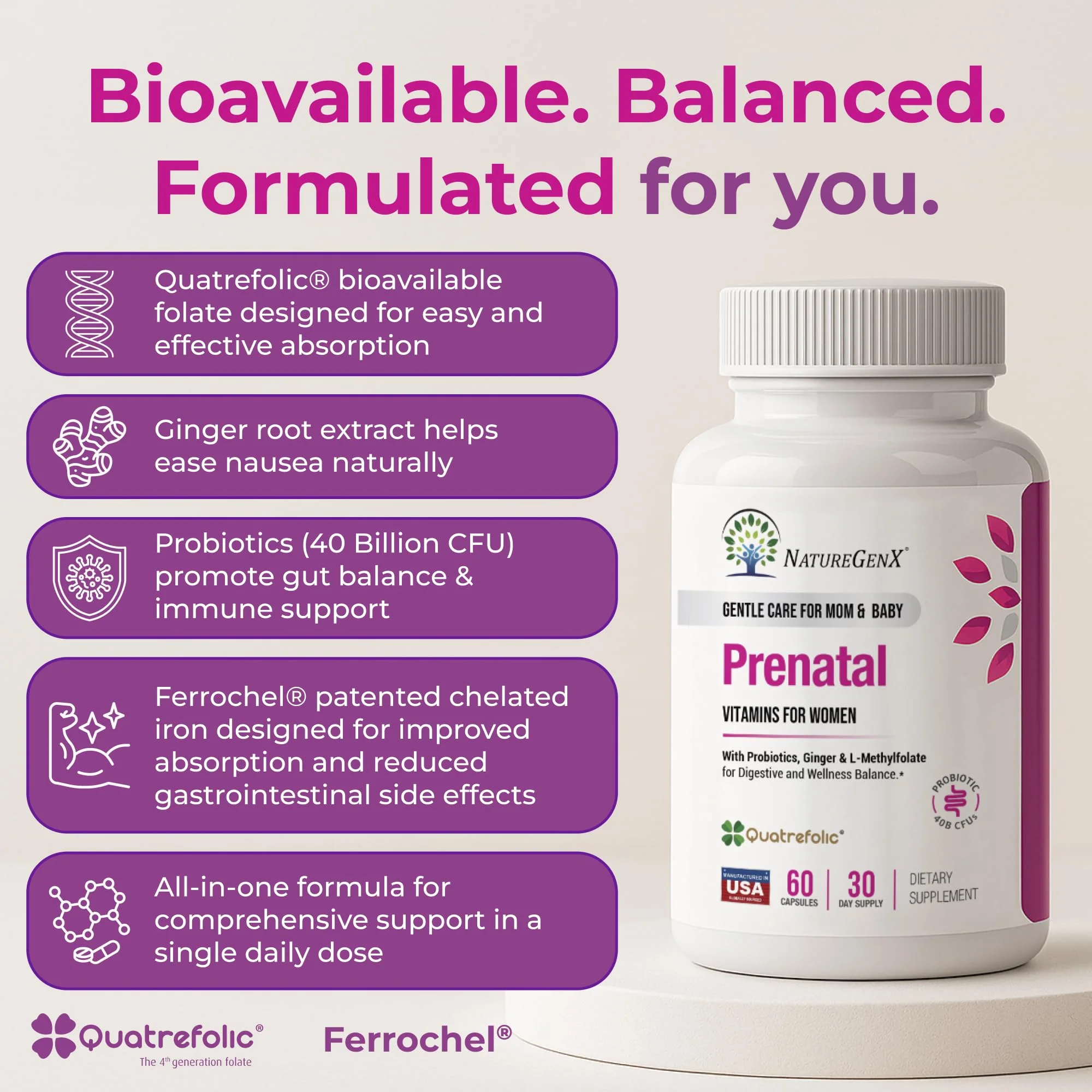 NatureGenX Methyl Prenatal with Probiotics – Vegan Prenatal Vitamins (60 Capsules) - Image 4