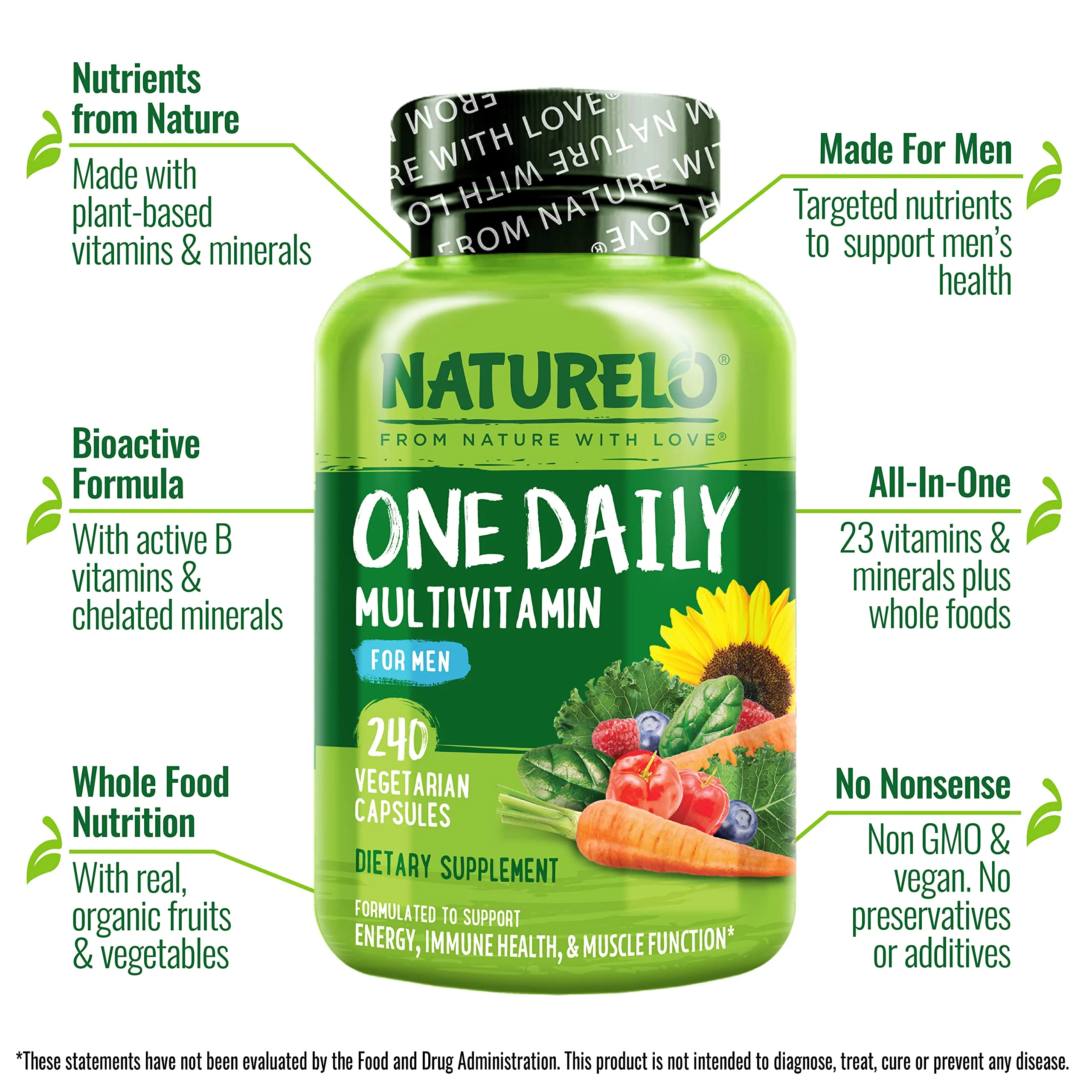 NATURELO Mens Multivitamins – One Daily Multivitamin for Men with Organic Whole Foods & High-Absorption Nutrients | Non-GMO, 240 Veggie Capsules - Image 2