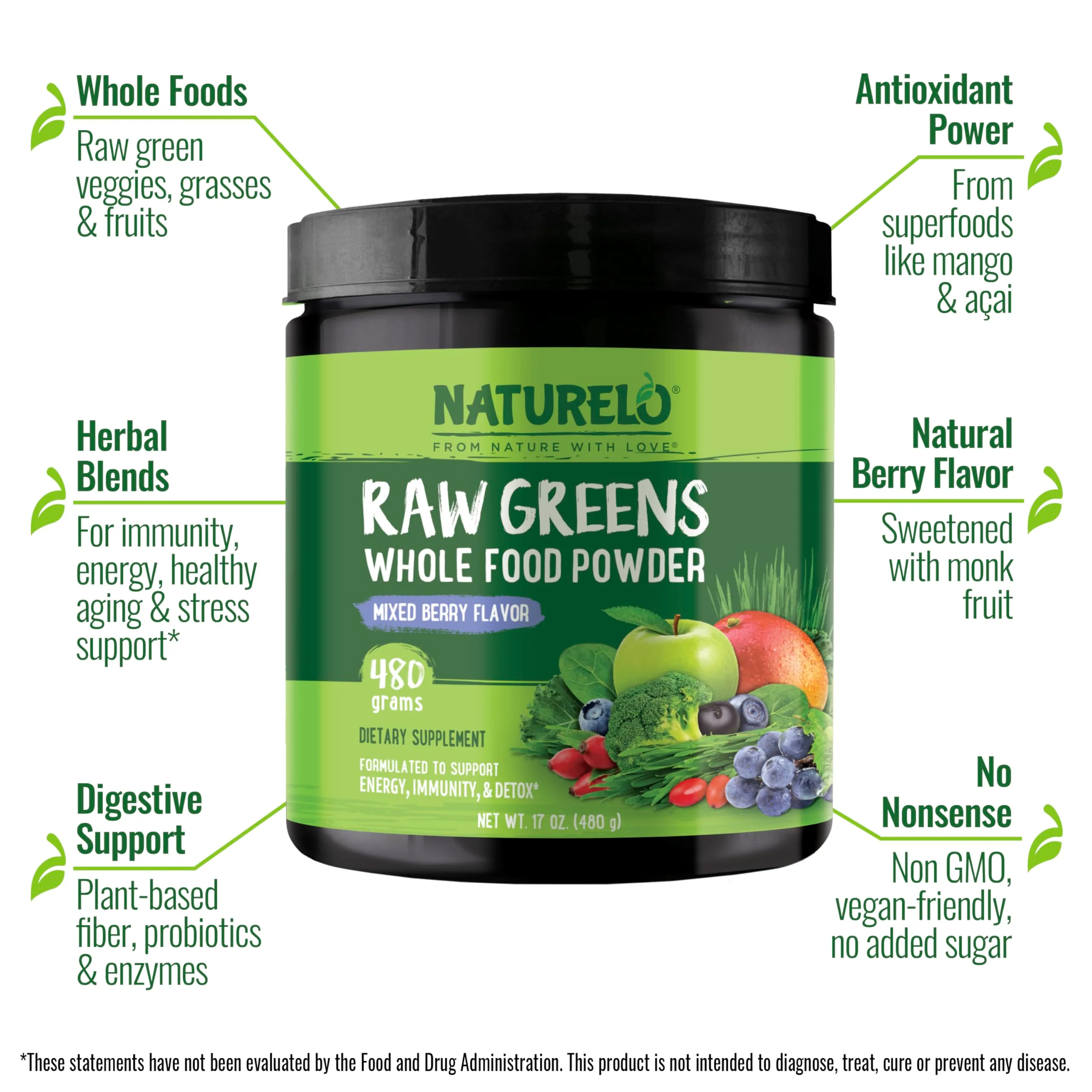 NATURELO Raw Greens Powder – Mixed Berry, 480 g | Energy, Immunity & Detox Support - Image 2
